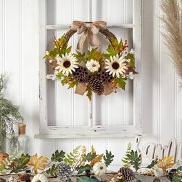 BreeBe - 20" Sunflower Pumpkin and Dried Lotus Pod Fall Wreath w/Bow - Green