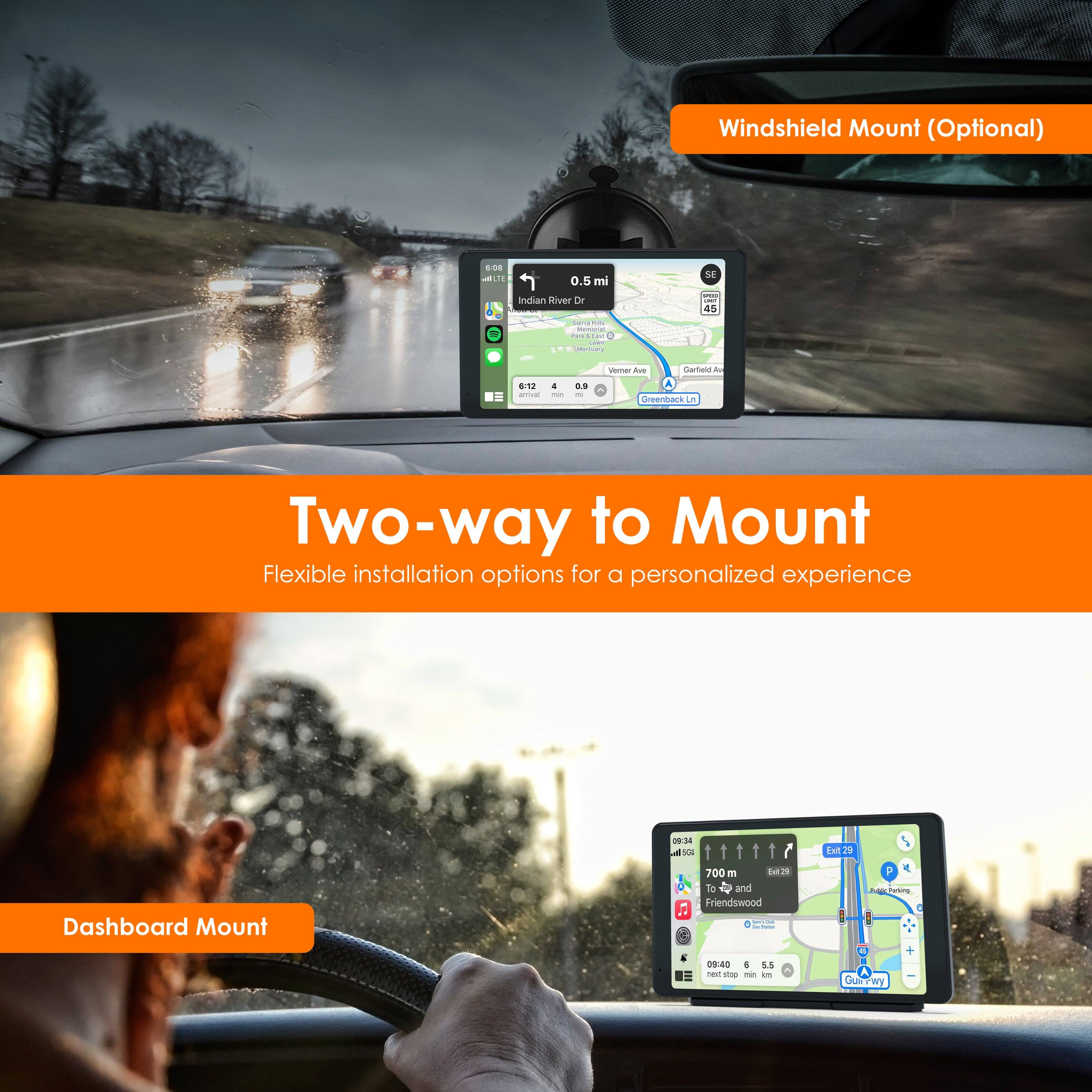 Windshield Mount (Optional) 508 L . 0.5 mi SE Inclian River Or - I - I - i e vemen Aum Gartne Au 612 - . I . 3 dreenback 5 Two-way to Mount Flexible installation options for a personalized experience - a - -a at 29 Dashboard Mount 700 E 22 To and Friendswood  - - I 7 - frting 2 - D9:40 4 5.5 - p - an A JUSTWy