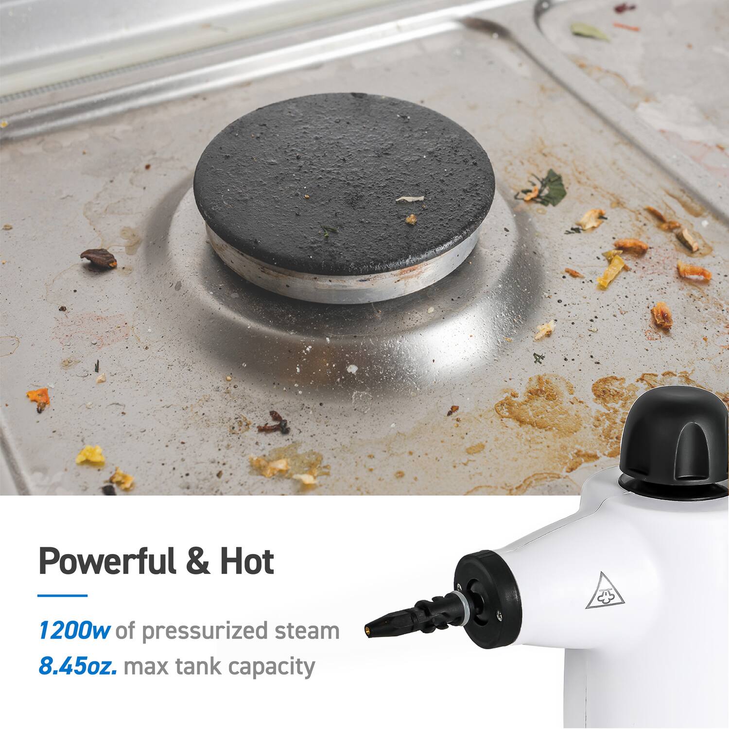 Powerful & Hot  
1200w of pressurized steam  
8.45oz. max tank capacity