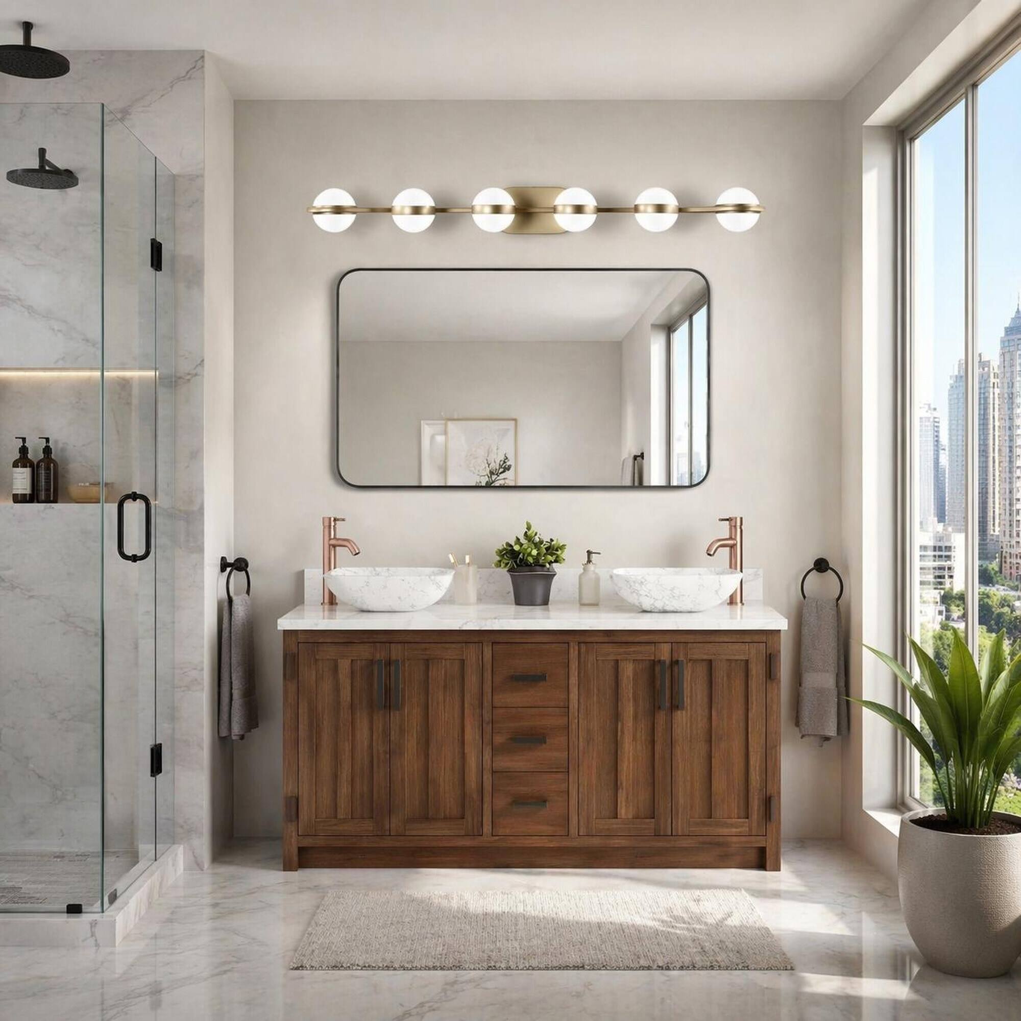 Angle. RYHNUYNE - 43 " Gold LED Bathroom Vanity Light,6‑Light Wall Mount Vanity Light with Crystal Shades for Bathroom - Gold.