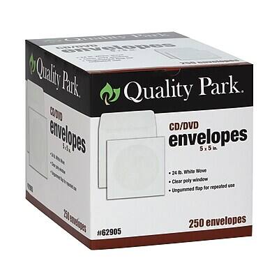 Quality Park CD/DVD envelopes  
5x5  
250 envelopes  
24.0 White Wove  
Clear poly window for repeated use  
Ungummed flap  
#62905