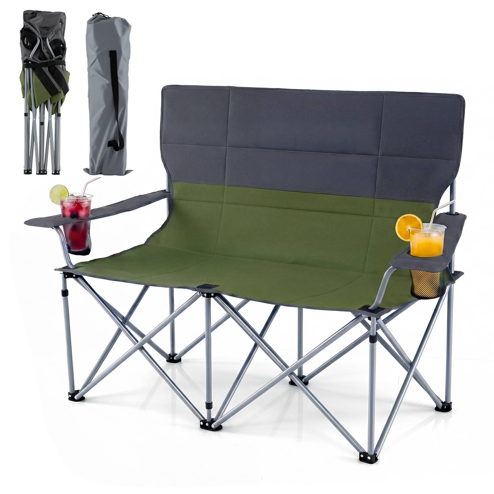 Alt View 9. Costway - Costway Double Camping Chair with Carry Bag, 2 Cup Holders, Premium Oxford Fabric for Lawn - Green+Gray.