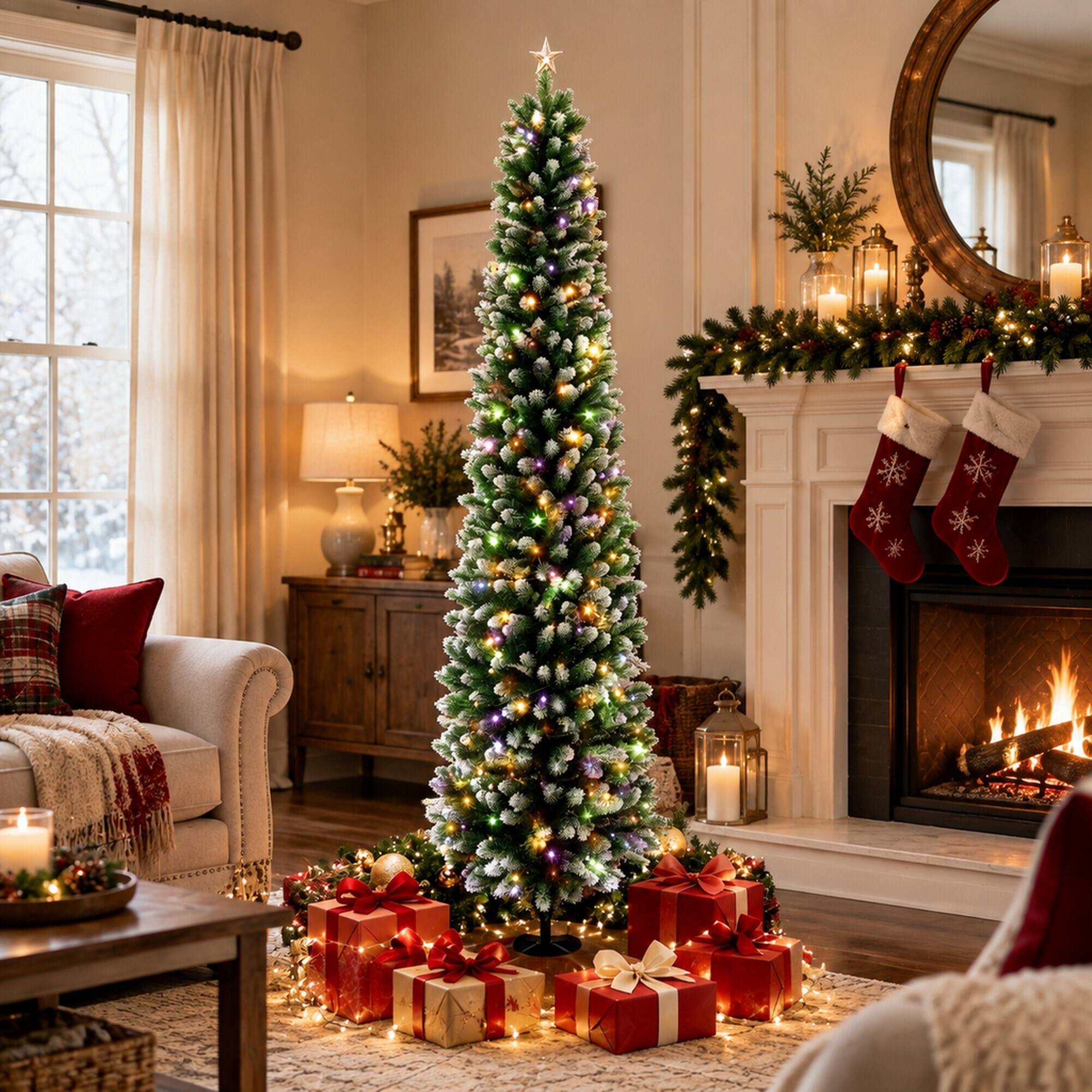 Angle. RYHNUYNE - 8FT Pre-Lit Flocked Pencil Christmas Tree With Dual-Color Green White LED Lights and Remote, 11 Modes - Green,White.