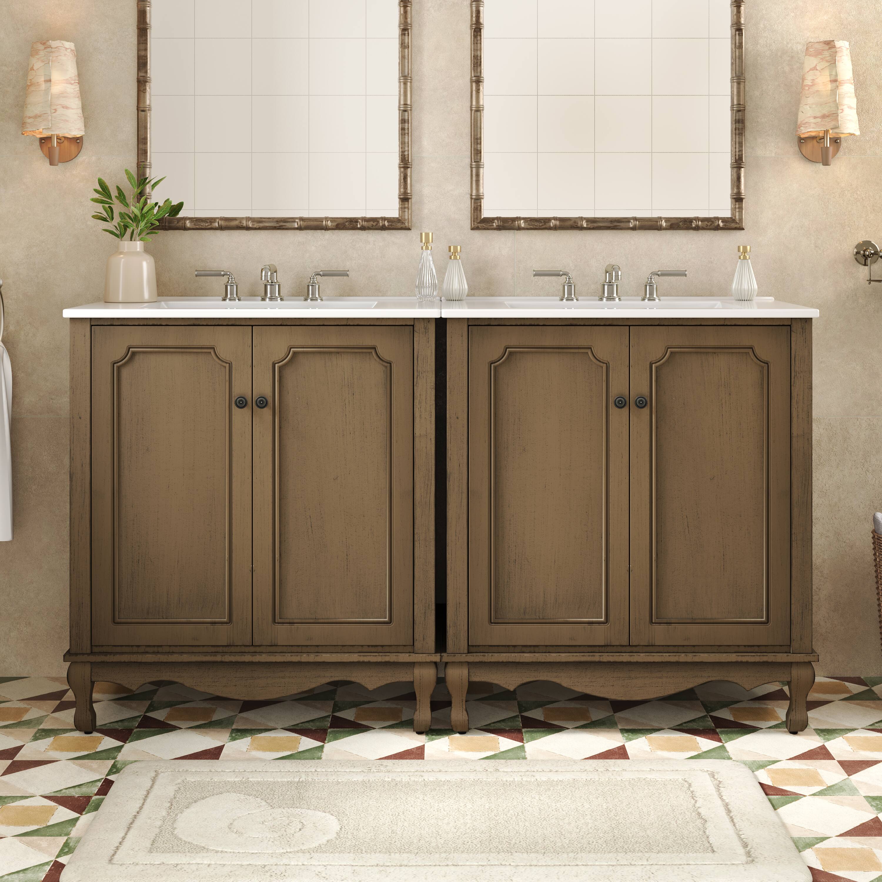 Front. TinyHomie - 60 inch Double Sinks Bathroom Vanity Set Vintage Bathroom Cabinet with Two Separate Ceramic Sink Antique Brown - White.