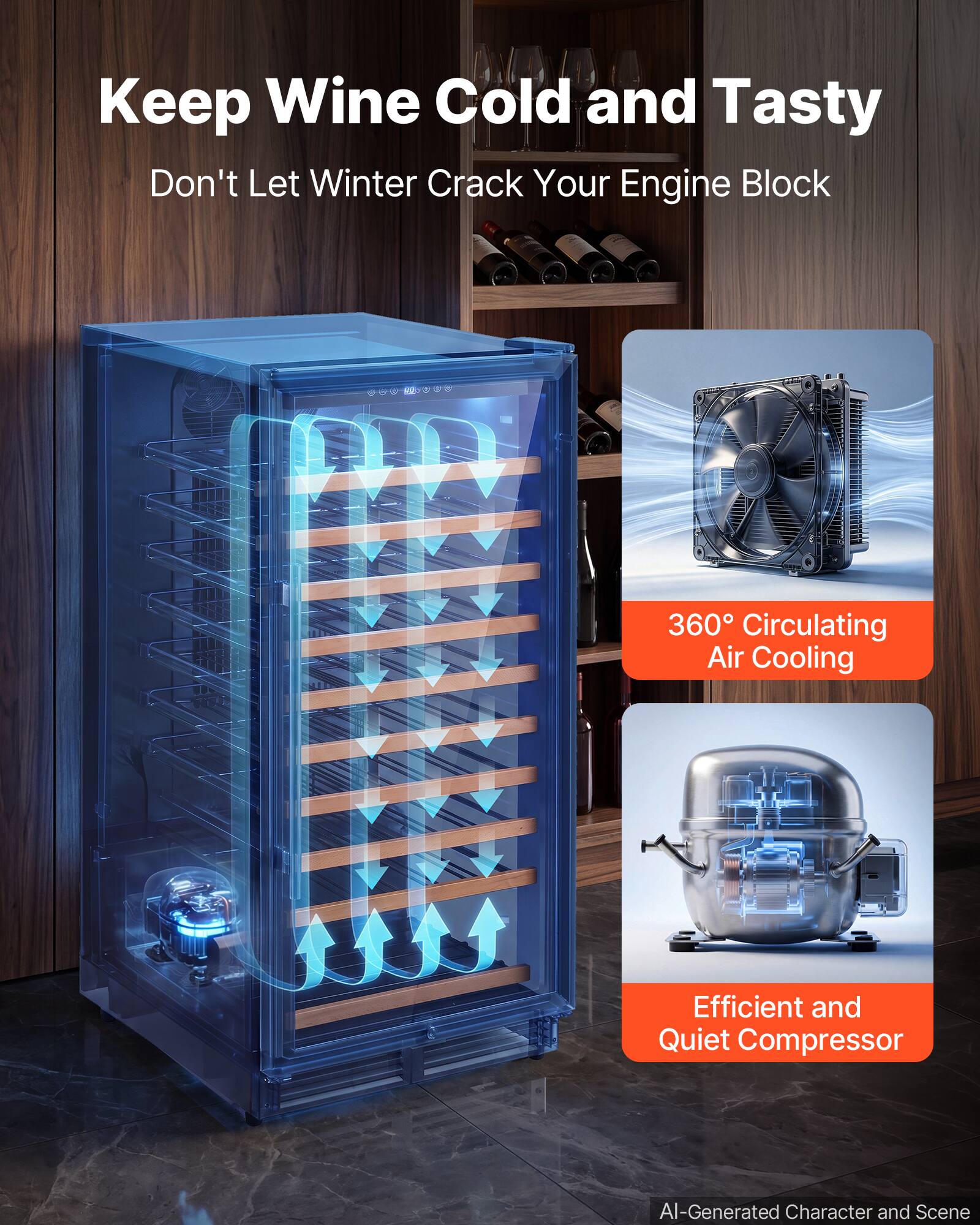 Keep Wine Cold and Tasty  
Don't Let Winter Crack Your Engine Block  

360° Circulating Air Cooling  
Efficient and Quiet Compressor  

AI-Generated Character and Scene