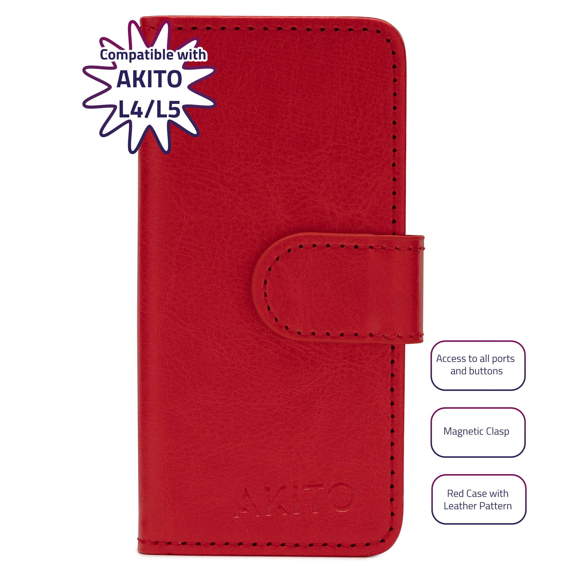 Compatible with AKITO L4/L5  
Access to all ports and buttons  
Magnetic Clasp  
Red Case with Leather Pattern