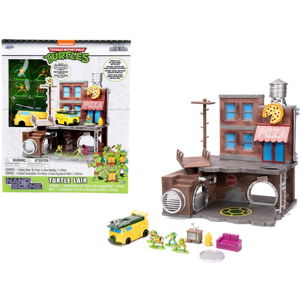 "Teenage Mutant Ninja Turtles" Turtle Lair Diorama Set with Figures and Party Wagon "Nano Scene" Series Model by Jada - Brown