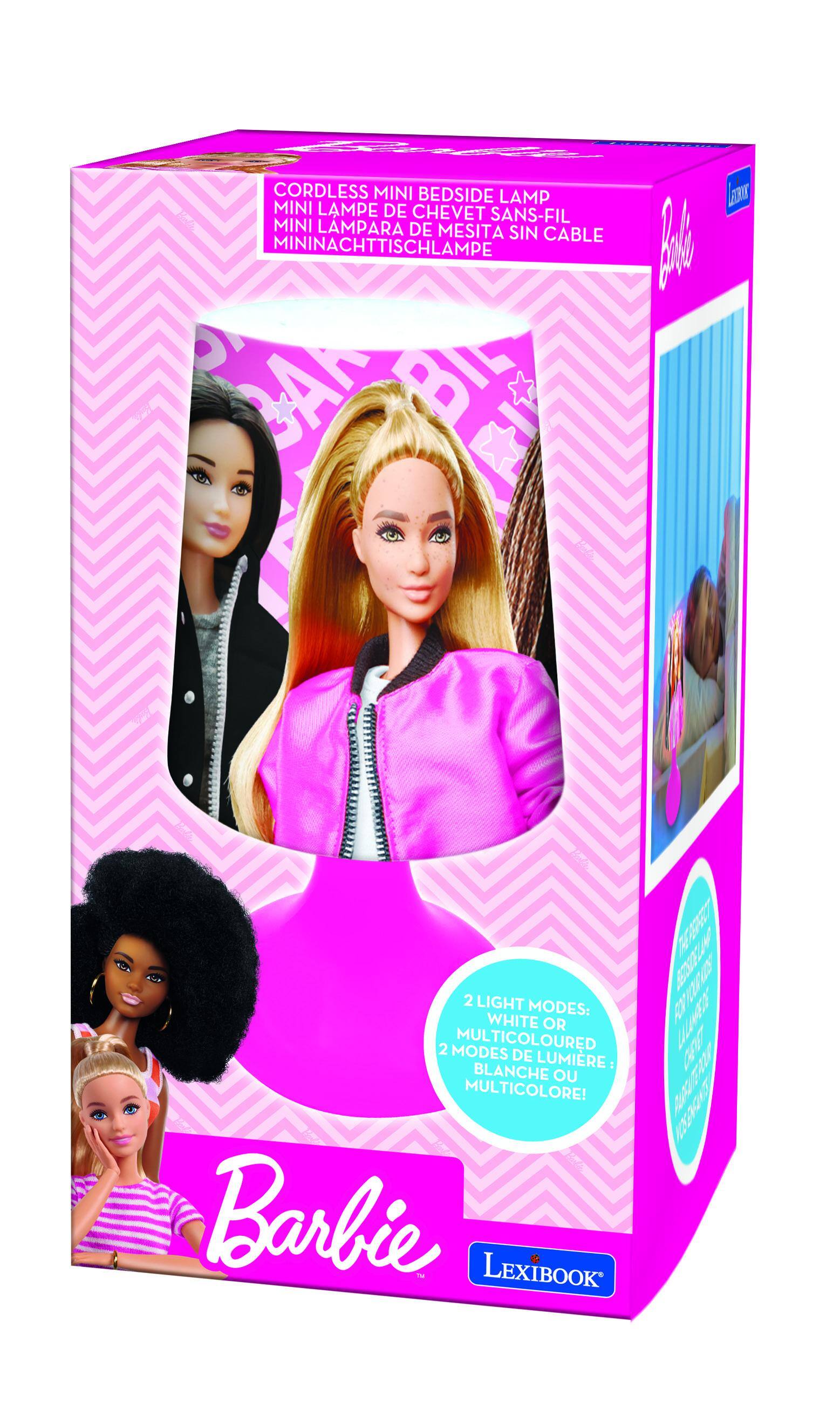 CORDLESS MINI BEDSIDE LAMP  
MINI LAMPE DE CHEVET SANS-FIL  
MINI LAMPARA DE MESITA SIN CABLE  
MININACHTTISCHLAMPE AN BIE  

2 LIGHT MODES: WHITE OR MULTICOLOURED  
2 MODES DE LUMIÈRE: BLANCHE OU MULTICOLORE  

Barbie LEXIBOOK BR2 ER RW RV00 TTTIE 27 GP07 A