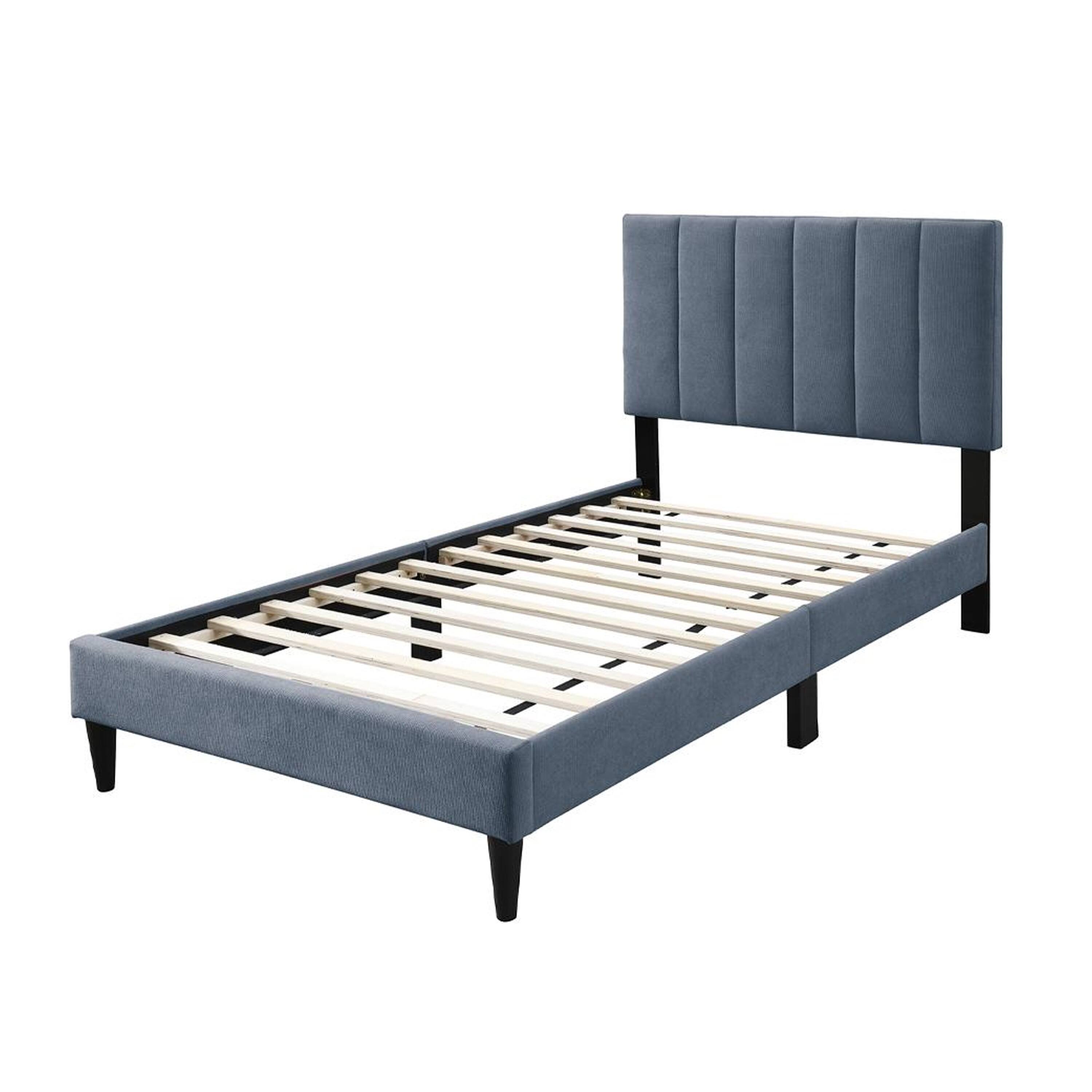 Alt View 1. Manhattan Lane - Lilian Twin Bed, Soft Channel Tufted Charcoal Gray Linen Upholstery - Charcoal Gray, Black.