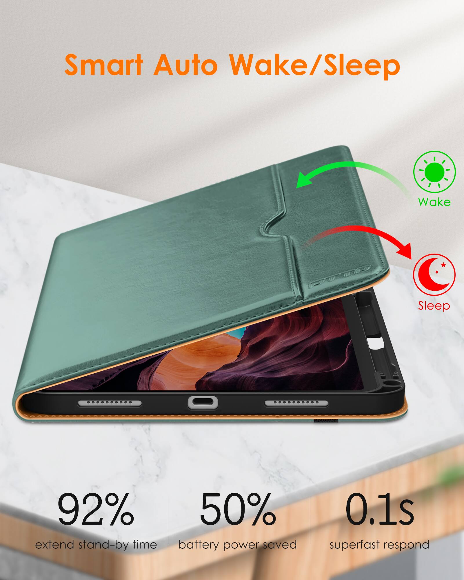 Smart Auto Wake/Sleep

- 92% extend stand-by time
- 50% battery power saved
- 0.1s superfast respond

Wake
Sleep