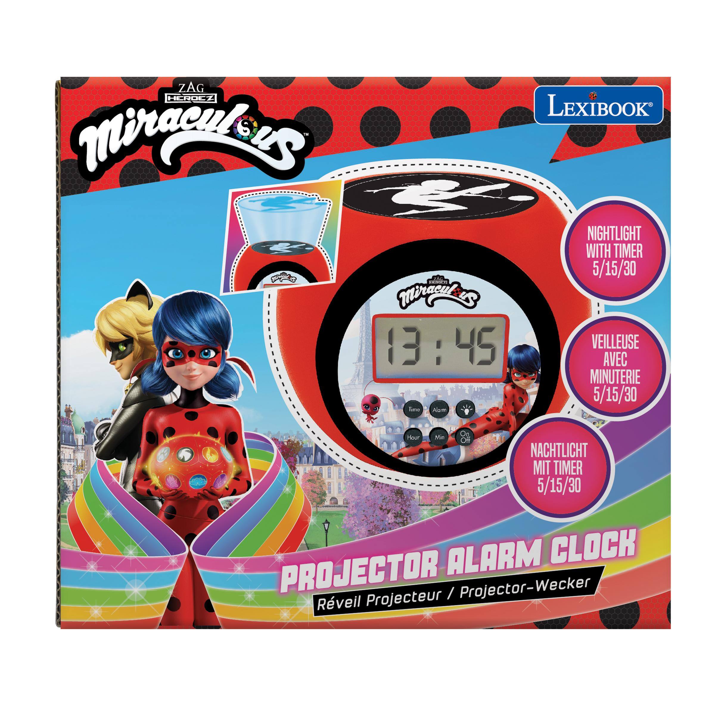 ZAG HEROES LEXIBOOK Miraculous.com K NIGHTLIGHT WITH TIMER TAG 5/15/30 MERICE Miraculays 8:45 VEILLEUSE AVEC MINUTERIE 5/15/30 Time Alam Hour Me NACHTLICHT MIT TIMER 5/15/30 ALARM CLOCK PROJECTOR Projecteur / Projector-Wecker Rveil