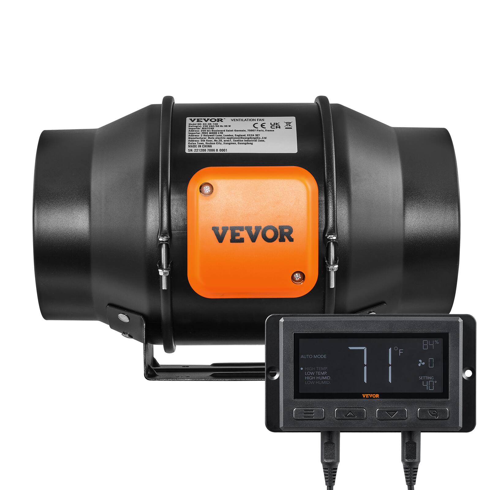 VEVOR VENTILATION FAN  
- CE  
- BASE  
- CHIRALE 221208200  
- VEVOR 84*  
- F F AUTO MODE  
- HIGH TEMP  
- LOW TEMP  
- HIGH HUMID  
- LOW HUMID  
- SETTING  
- 40  
- VEVOR