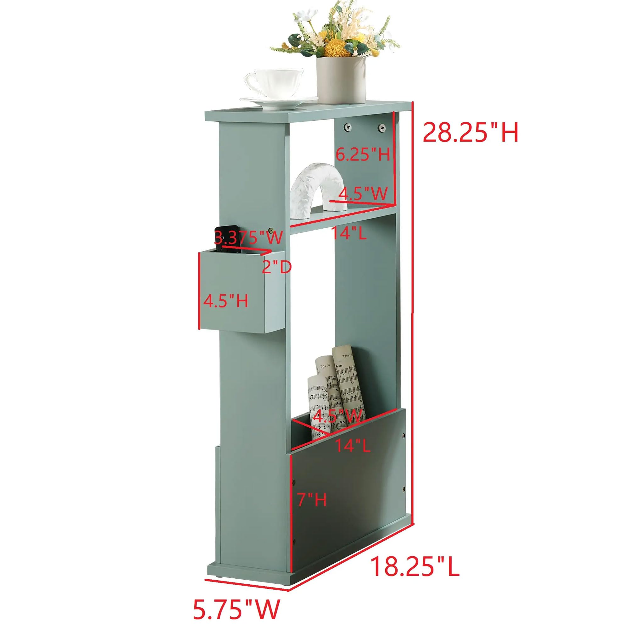 - Height: 28.25"
- Width: 5.75"
- Length: 18.25"
- Top Shelf:
  - Height: 6.25"
  - Width: 4.5"
  - Length: 14"
  - Depth: 2"
- Middle Shelf:
  - Height: 4.5"
  - Width: 3.375"
  - Length: 14"
- Bottom Shelf:
  - Height: 7"
  - Width: 4.5"
  - Length: 14"