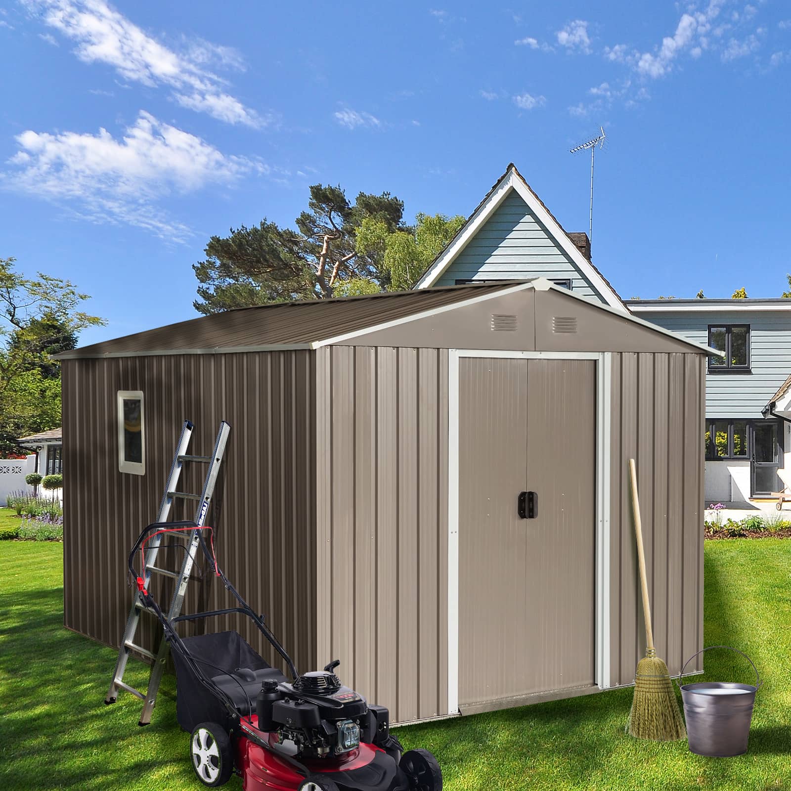 Mondawe - 10ft x 8ft Outdoor Metal Storage Shed with Metal Floor Base and Window - Gray