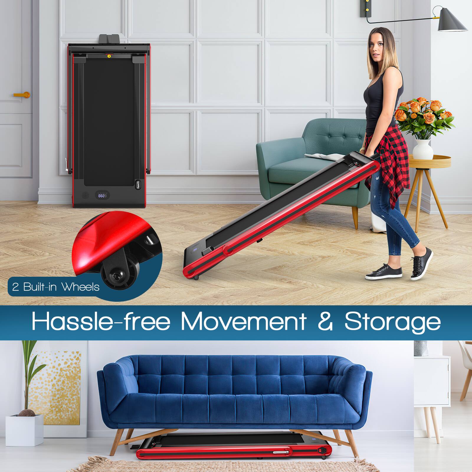 The text on the image reads: "2 Built-in Wheels Hassle-free Movement & Storage."