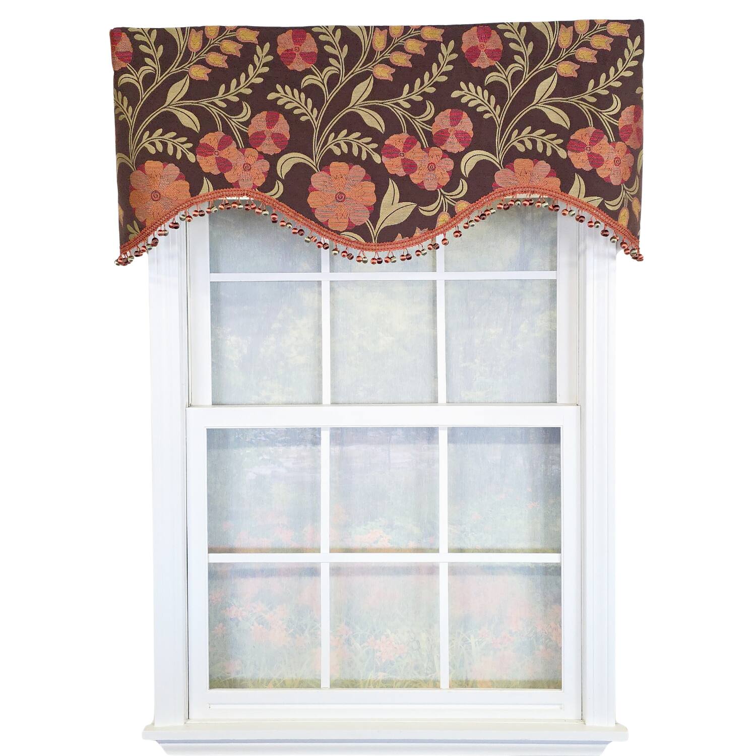 Front. RLF Home - RLF Home Lady Diane Cornice Valance Brown with Multicolor Tassel Trim 100% Cotton Fits Up to 48"W 50" x 17"  Brown - Brown.