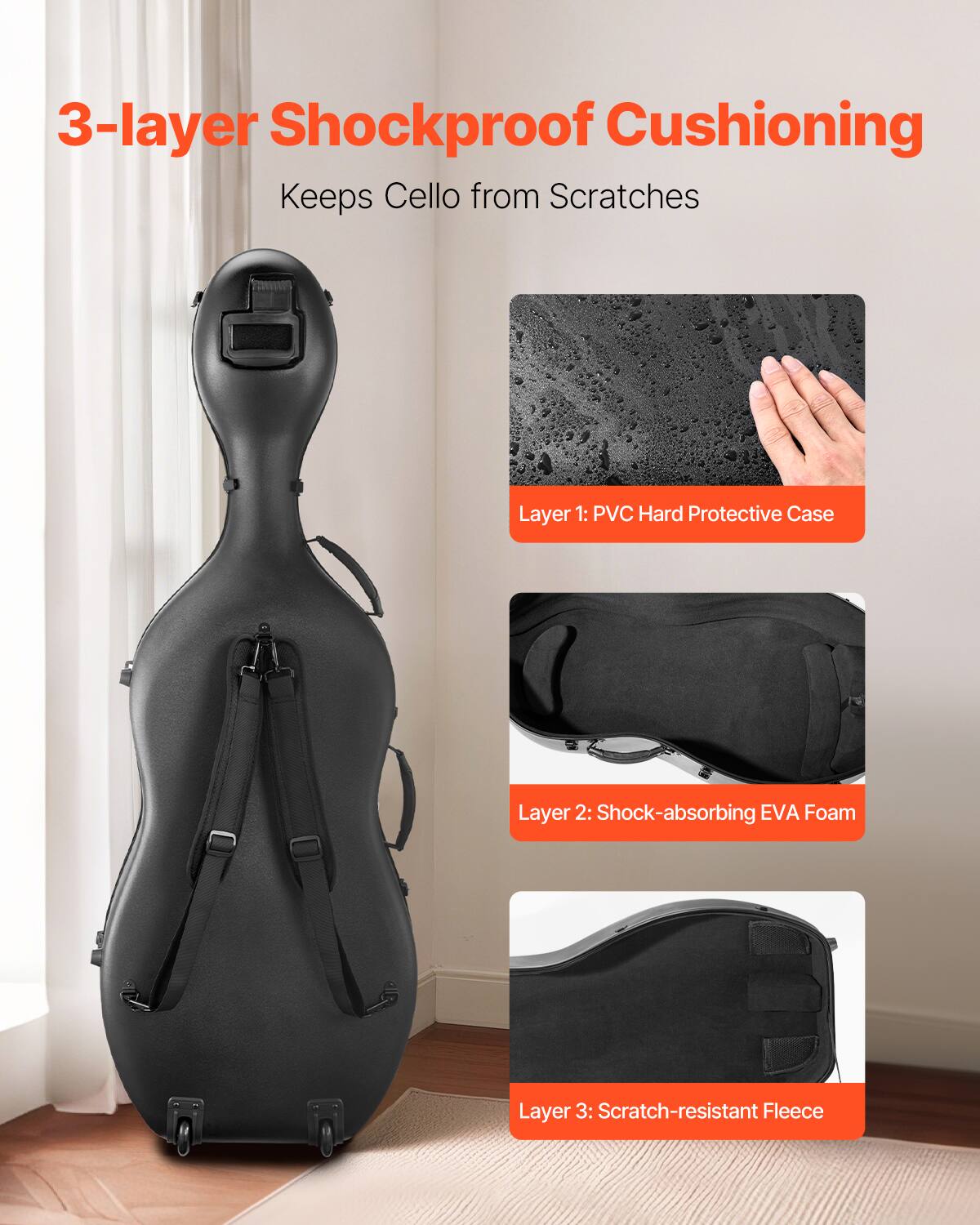 3-layer Shockproof Cushioning  
Keeps Cello from Scratches  

Layer 1: PVC Hard Protective Case  
Layer 2: Shock-absorbing EVA Foam  
Layer 3: Scratch-resistant Fleece
