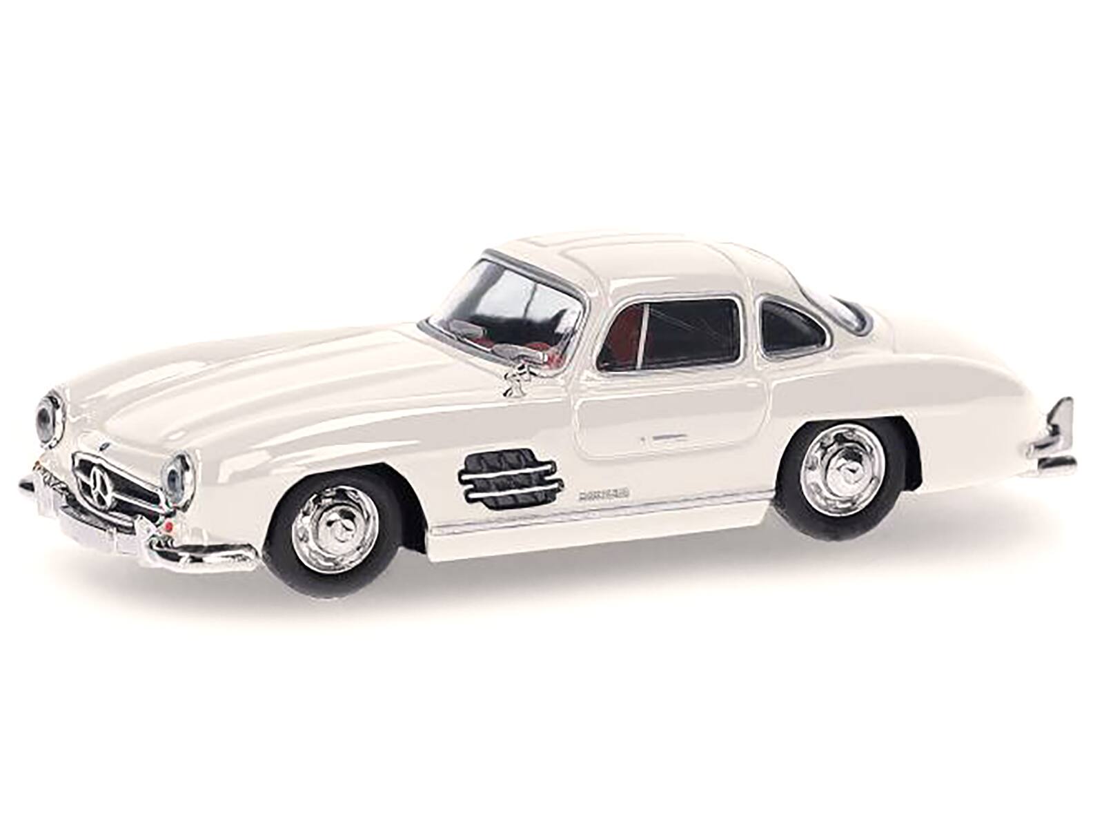 Angle. Promotex - Mercedes-Benz 300 SL Gullwing White with Red Interior 1/87 (HO) Plastic Model Car by Promotex - White with Red.