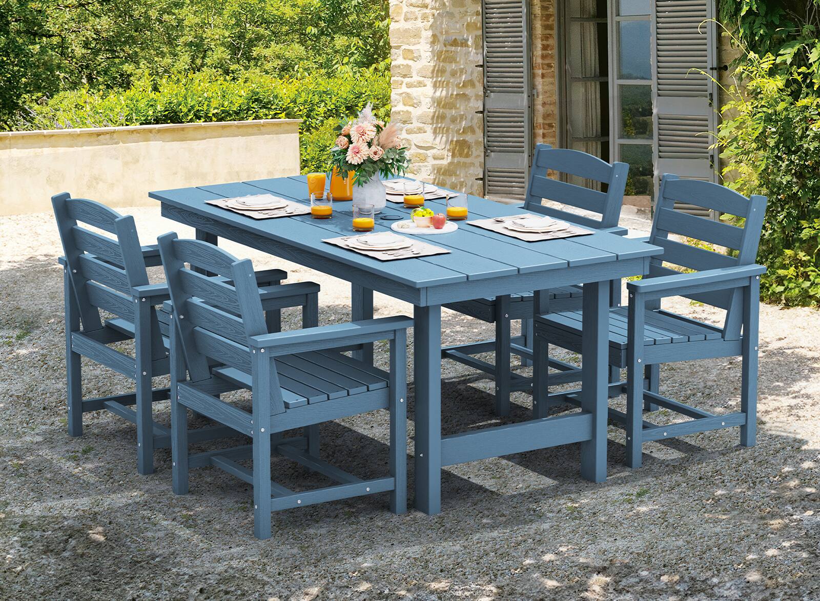 Alt View 6. SERWALL - 7 Pcs Outdoor Dining Set, Outdoor Dining Furniture with Rectangular Table & 6 Chairs, All-Weather Resistant Dining Set - Blue.