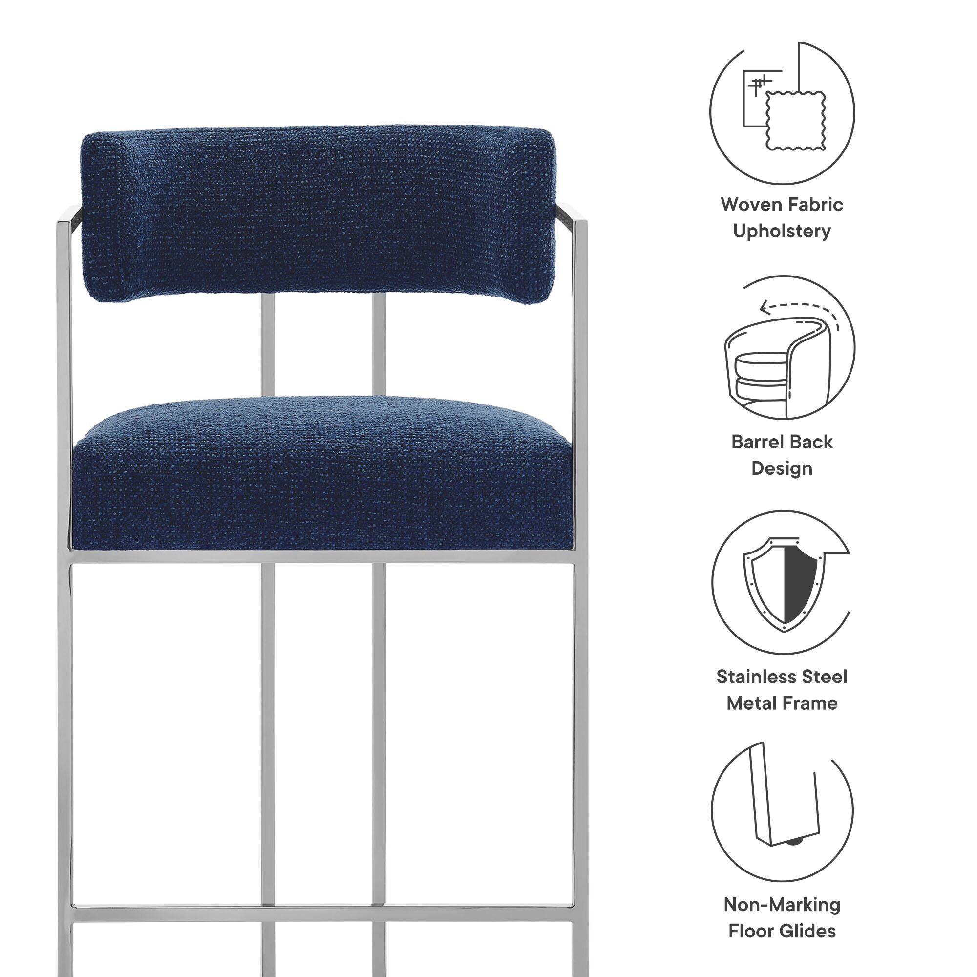 - Woven Fabric Upholstery
- Barrel Back Design
- Stainless Steel Metal Frame
- Non-Marking Floor Glides