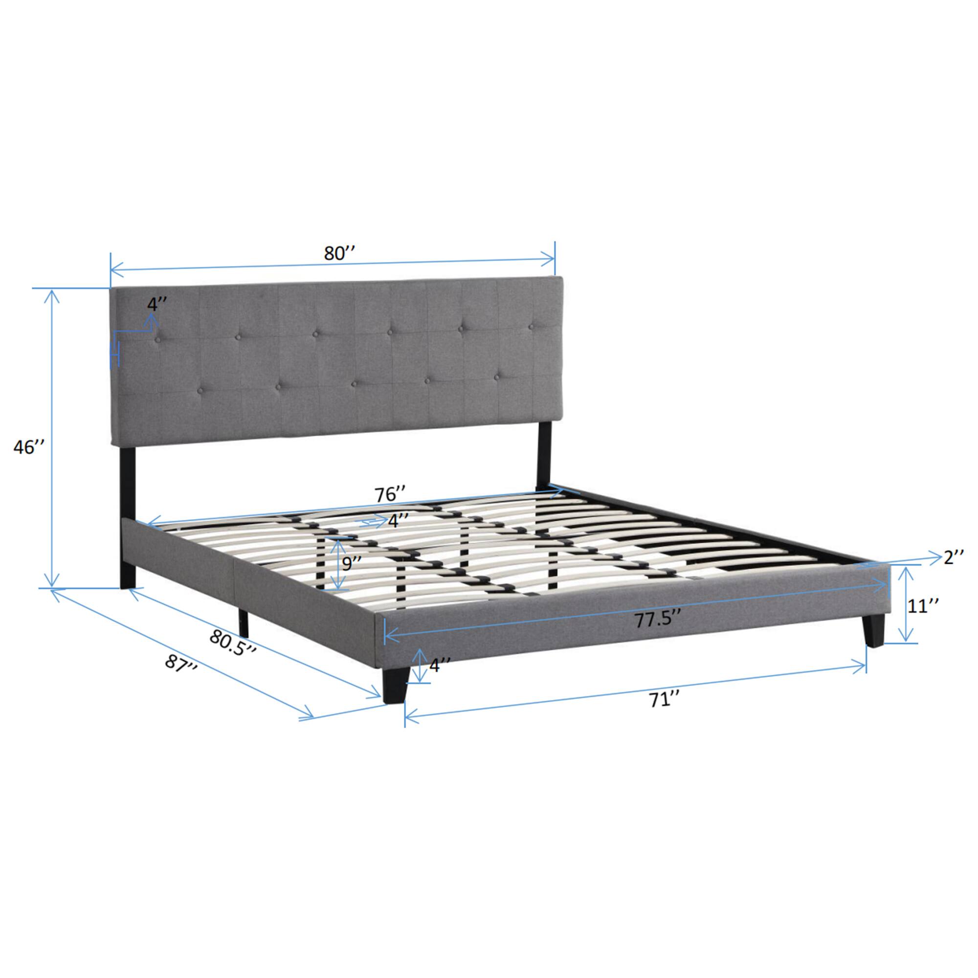 Sure, here is the corrected and grouped text from the image:

- **Headboard:**
  - Width: 80"
  - Height: 46"

- **Bed Frame:**
  - Width: 77.5"
  - Depth: 87"
  - Height: 80.5"

- **Mattress:**
  - Width: 76"
  - Depth: 71"

- **Additional Dimensions:**
  - 4" (likely the side rail height)
  - 9" (likely the side rail depth)
  - 2" (likely the side rail width)
  - 11" (likely the side rail height from the floor)