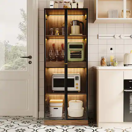 Front. MSOOB - 23.6‘’ Glass Display Cabinet With Led Lights Tempered Glass Curio Cabinet For China Liquor Collectibles - Brown.