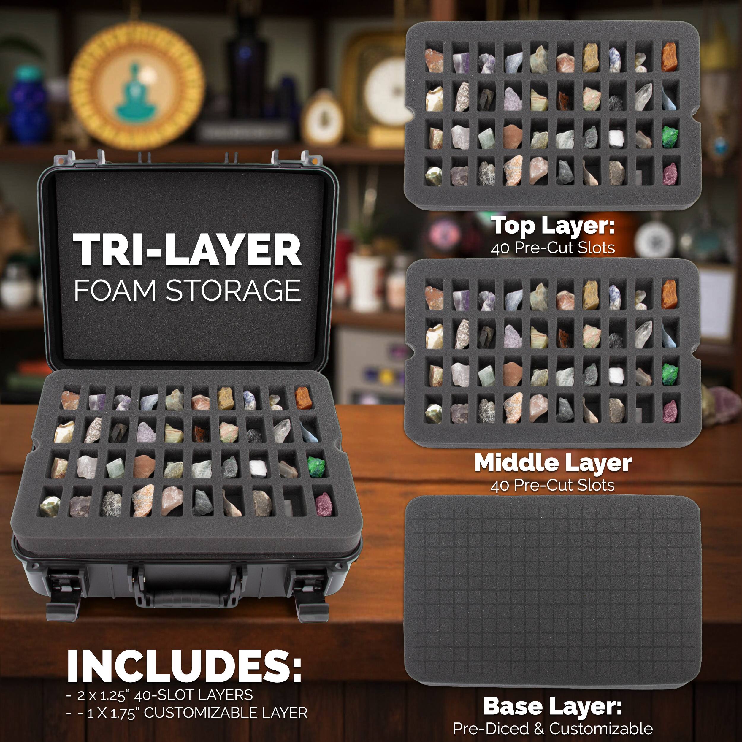TRI-LAYER FOAM STORAGE

Top Layer: 40 Pre-Cut Slots

Middle Layer: 40 Pre-Cut Slots

INCLUDES: 2X1.25" 40-SLOT LAYERS - 1X1.75" CUSTOMIZABLE LAYER

Base Layer: Pre-Diced & Customizable