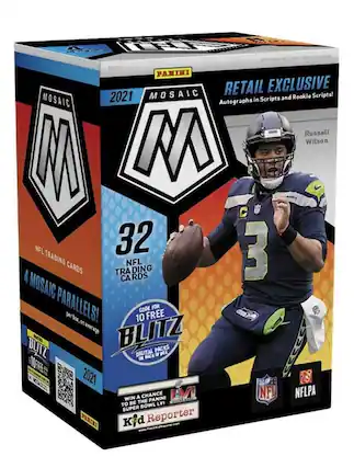Mosaic 2021 Retail Exclusive - Autographs in Scripts and Rookie Scripts!
Russell Wilson
32 NFL Trading Cards
4 Mosaic Parallels!
10 Free Blitz Digital Packs
Win a Chance to be the Panini Kid Reporter at Super Bowl LVI
Panini