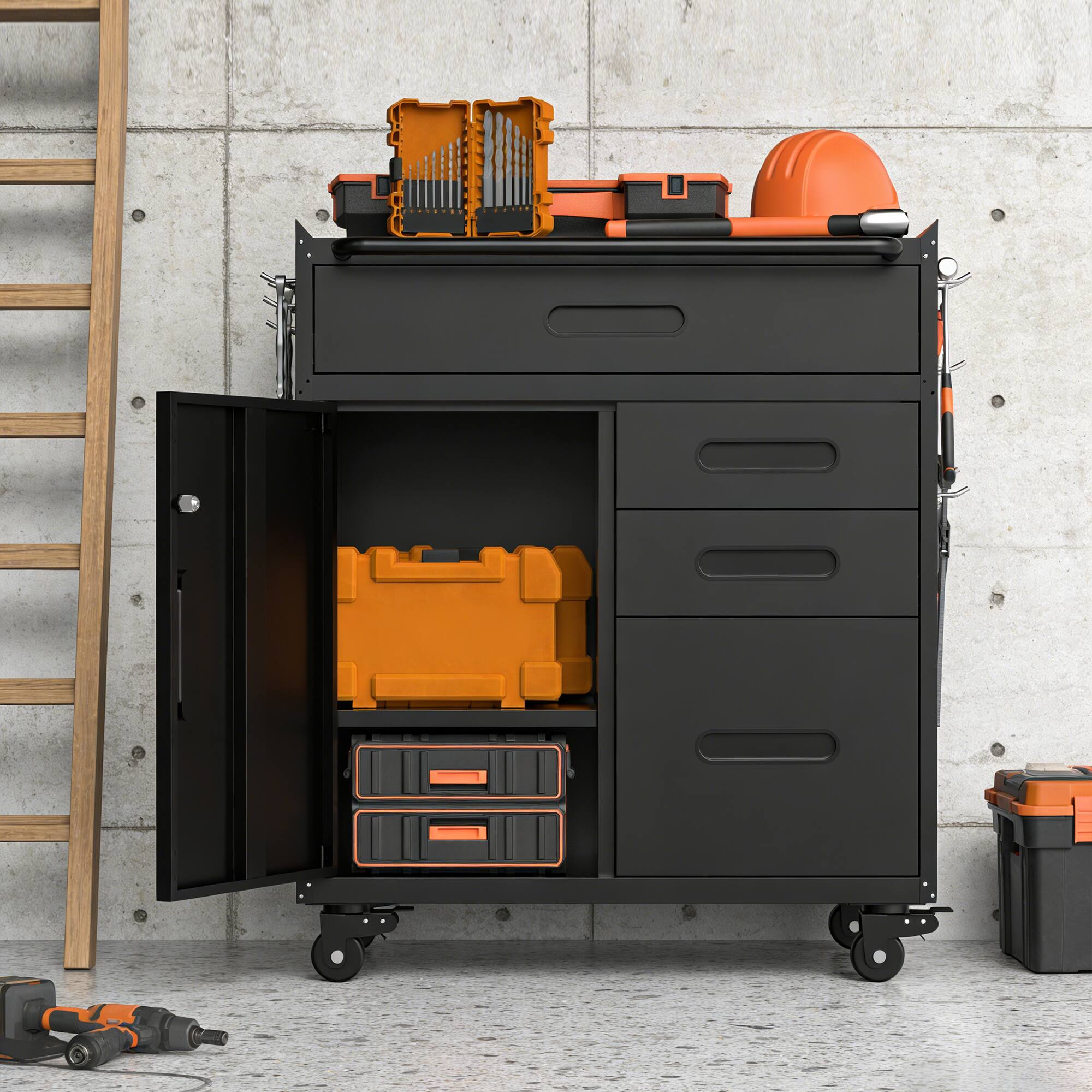 Left. LOVMOR - 34.3 inch Mobile Tool Storage Cabinet Garage Organizer with Lockable Compartment 4 Drawers Rolling Steel Chest.
