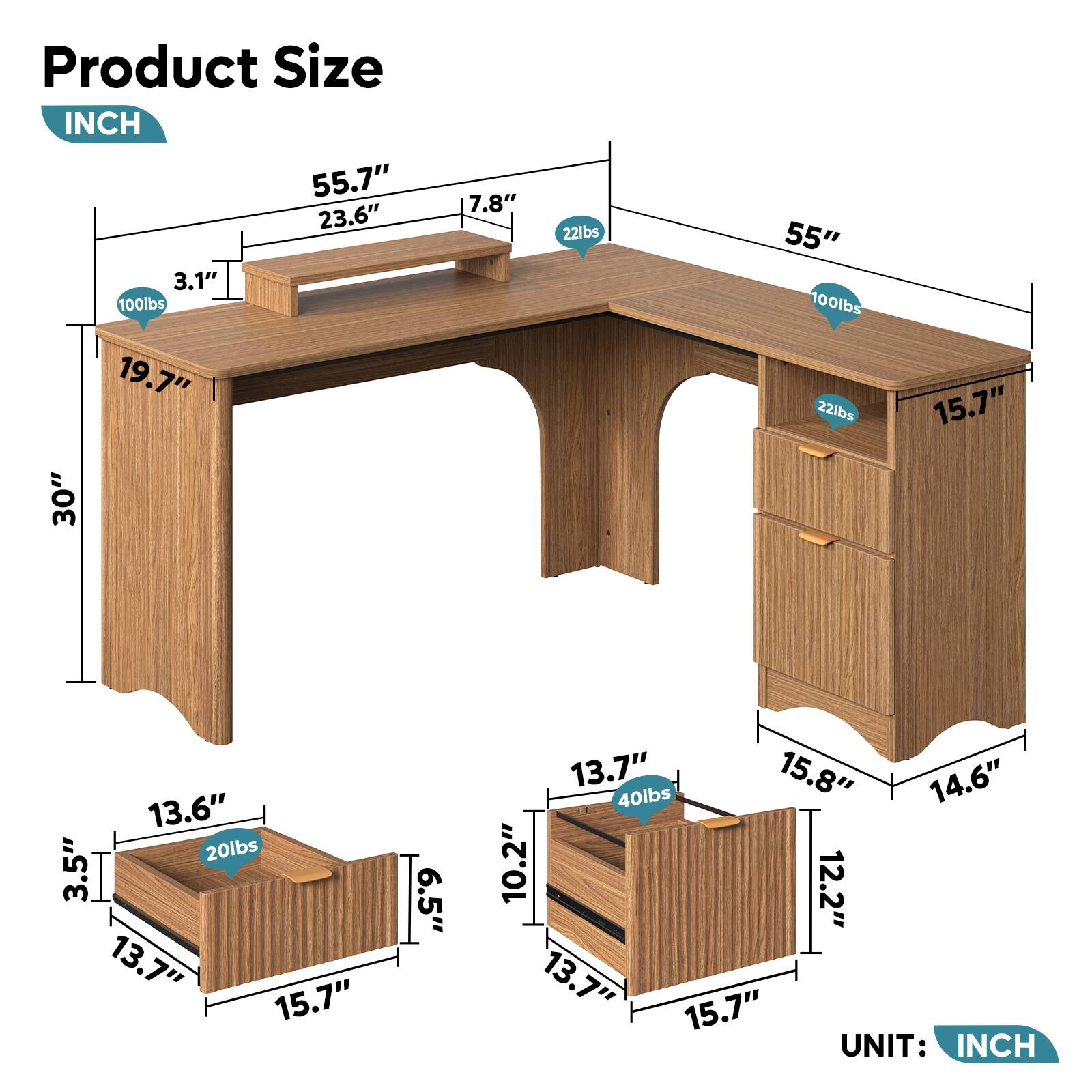 Product Size  
INCH  
55.7" 23.6" 3.1" 100lbs 19.7" 30" 7.8" 22lbs 55" 100lbs 22lbs 15.7" 13.6" 20lbs 3.5" 13.7" 15.7" 6.5" 13.7" 15.8" 14.6" 40lbs 10.2" 12.2" 13.7" 15.7"  
UNIT: INCH