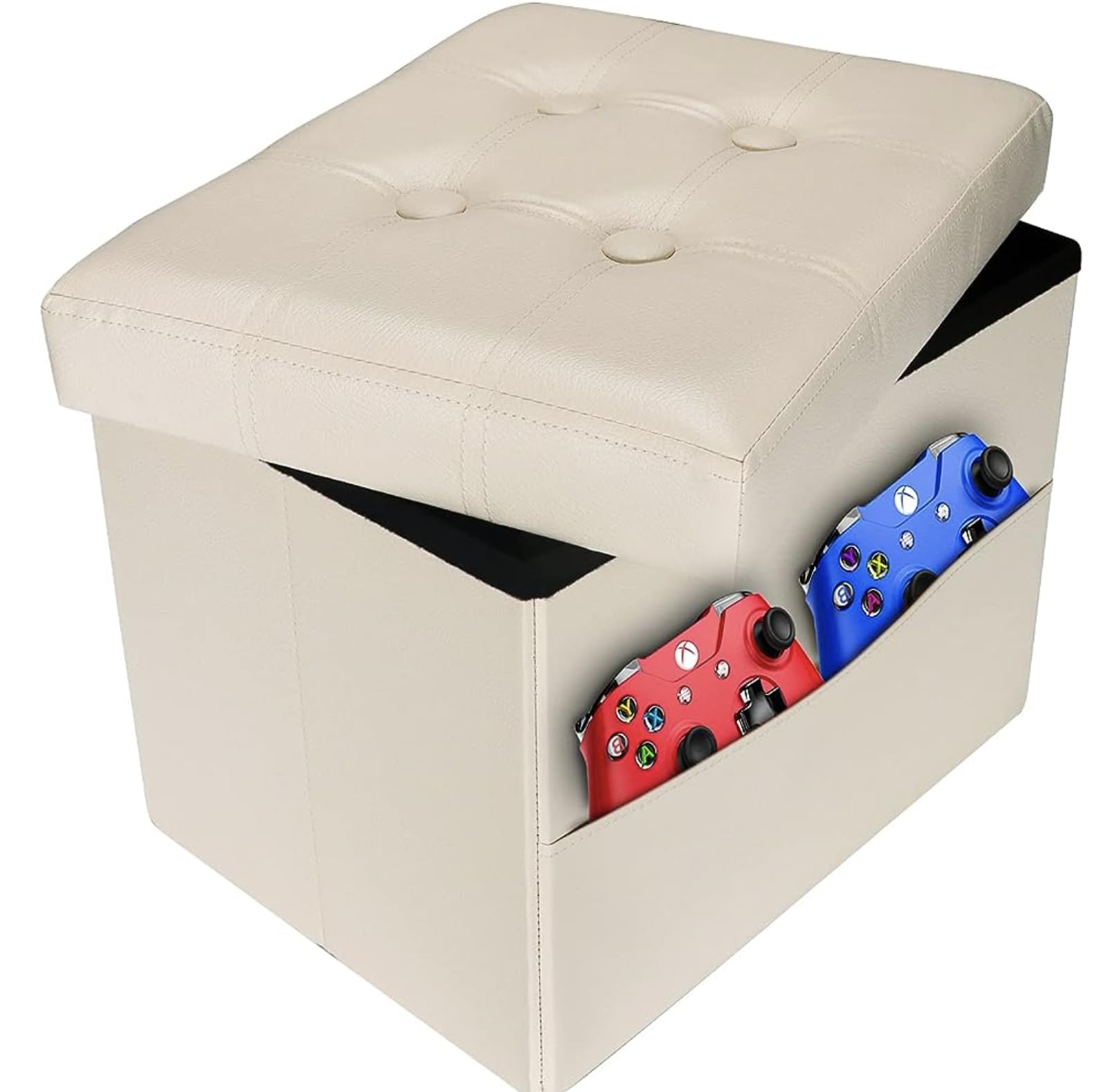 JETRANSPORT - Storage Ottoman Folding Foot Rest Stool Leather Footstool Bench Short Store Books (black-2pc - Beige 1 Pack 16"*12"*12"with side pockets