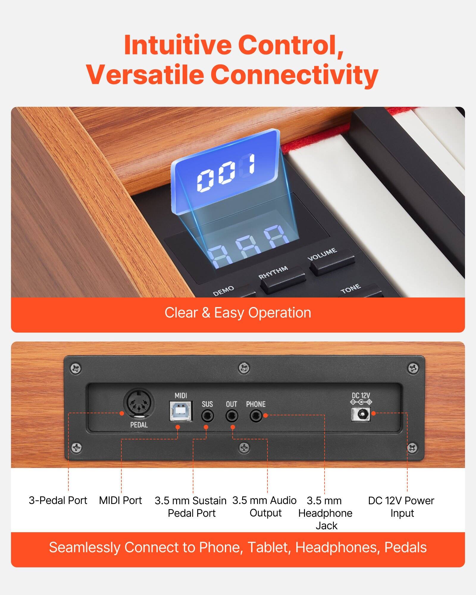 Intuitive Control, Versatile Connectivity

Clear & Easy Operation

Seamlessly Connect to Phone, Tablet, Headphones, Pedals

- 3-Pedal Port
- MIDI Port
- 3.5 mm Sustain Pedal Port
- 3.5 mm Audio Output
- 3.5 mm Headphone Jack
- DC 12V Power Input