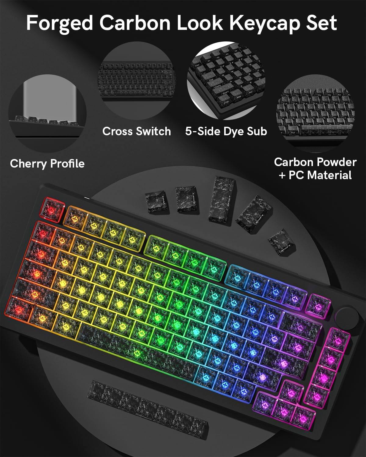 Forged Carbon Look Keycap Set  
Cross Switch  
5-Side Dye Sub  
Cherry Profile  
Carbon Powder + PC Material