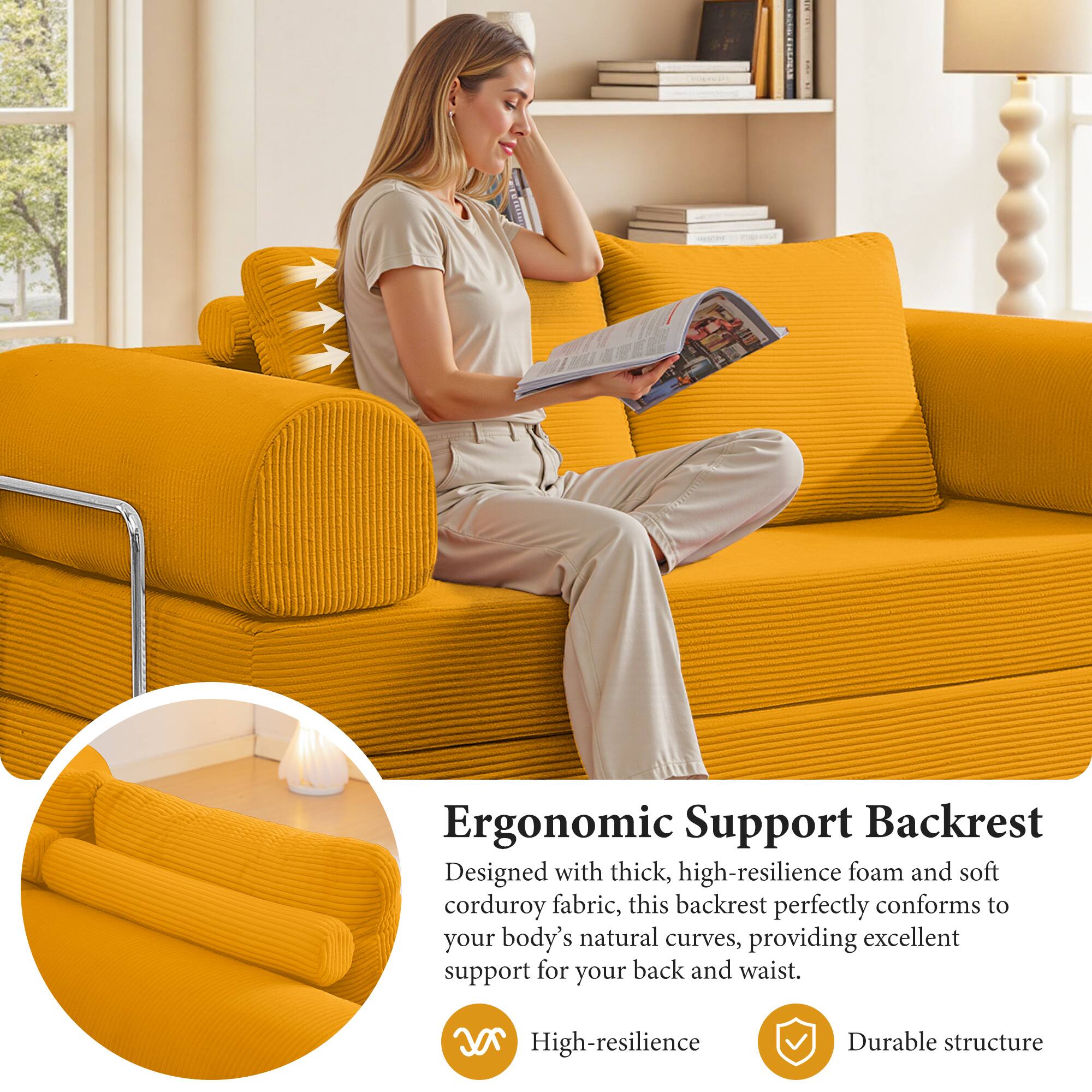 Ergonomic Support Backrest

Designed with thick, high-resilience foam and soft corduroy fabric, this backrest perfectly conforms to your body's natural curves, providing excellent support for your back and waist.

- High-resilience
- Durable structure