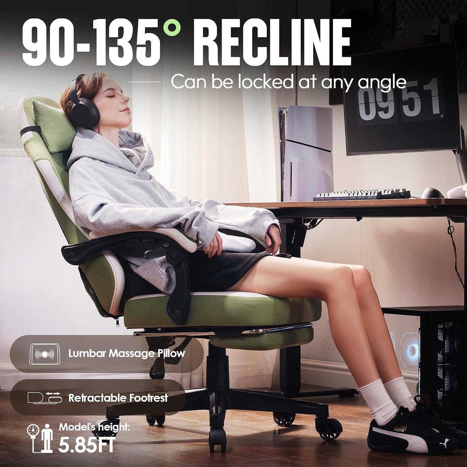 90-135° RECLINE  
Can be locked at any angle  
09 51  

Lumbar Massage Pillow  
Retractable Footrest  

Model's height: 5.85FT