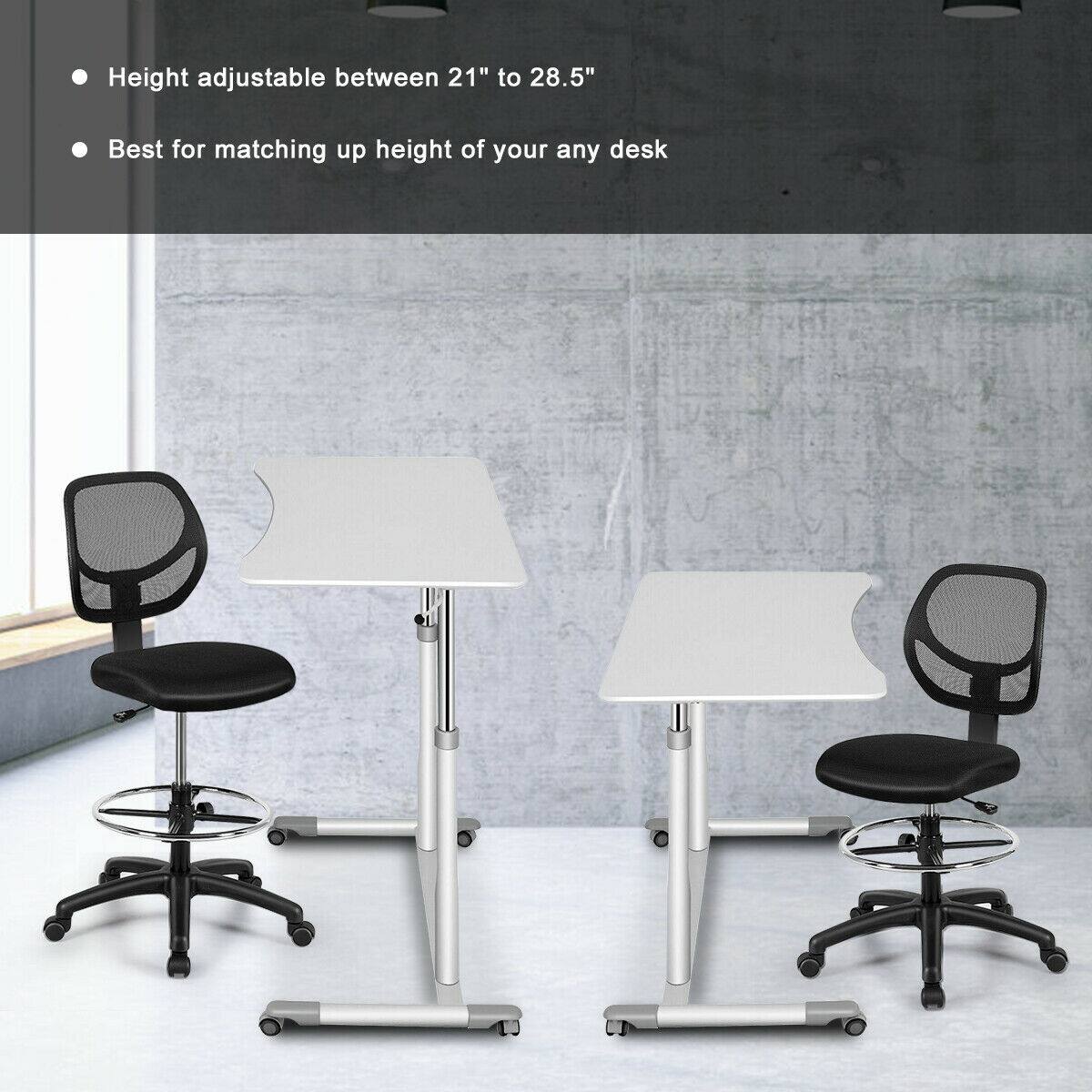 The text on the image states that the height of the desk is adjustable between 21" to 28.5" and is the best option for matching the height of any desk.