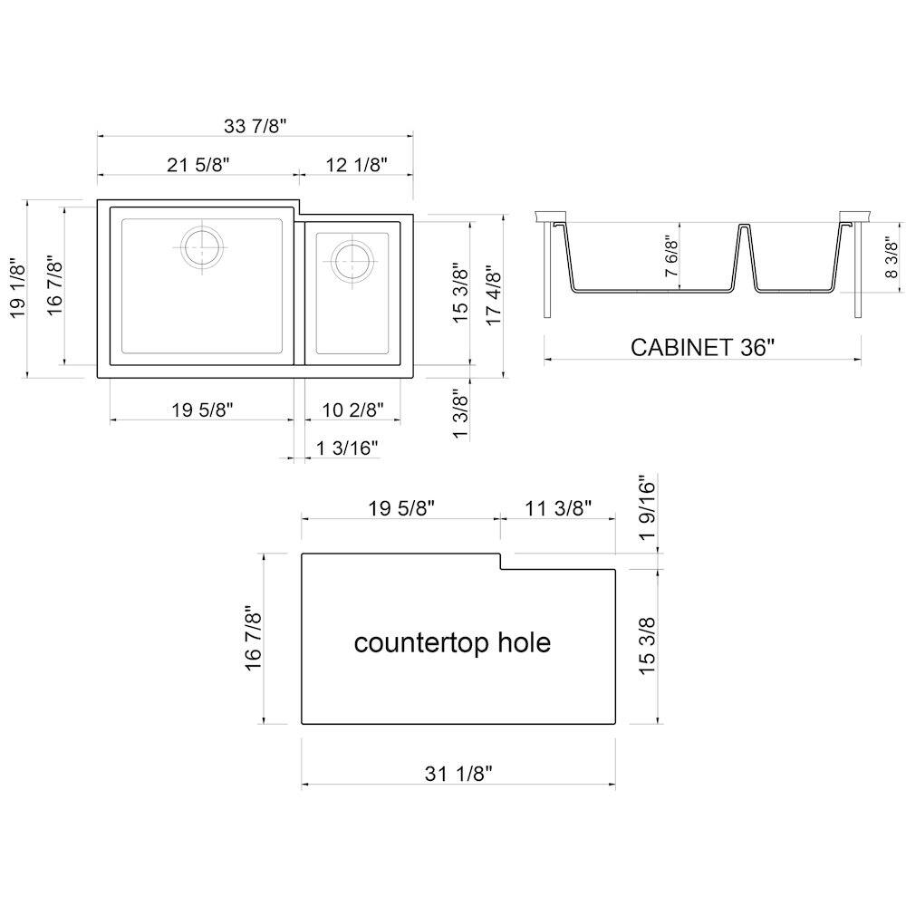 Sure, here is the corrected and grouped text from the image:

---

**Dimensions:**

- 33 7/8"
- 21 5/8"
- 12 1/8"
- 19 1/8"
- 16 7/8"
- 19 5/8"
- 10 2/8"
- 1 3/16"
- 19 5/8"
- 3/8"
- 1 11 3/8"
- 9/16"
- 1 7/8"
- 16 7/8"
- 15 3/8"
- 17 4/8"
- 7 6/8"
- 8 3/8"
- 36"
- 11 3/8"
- 9 1/16"
- 15 3/8"
- 31 1/8"

**Labels:**

- CABINET 36"
- countertop hole

---