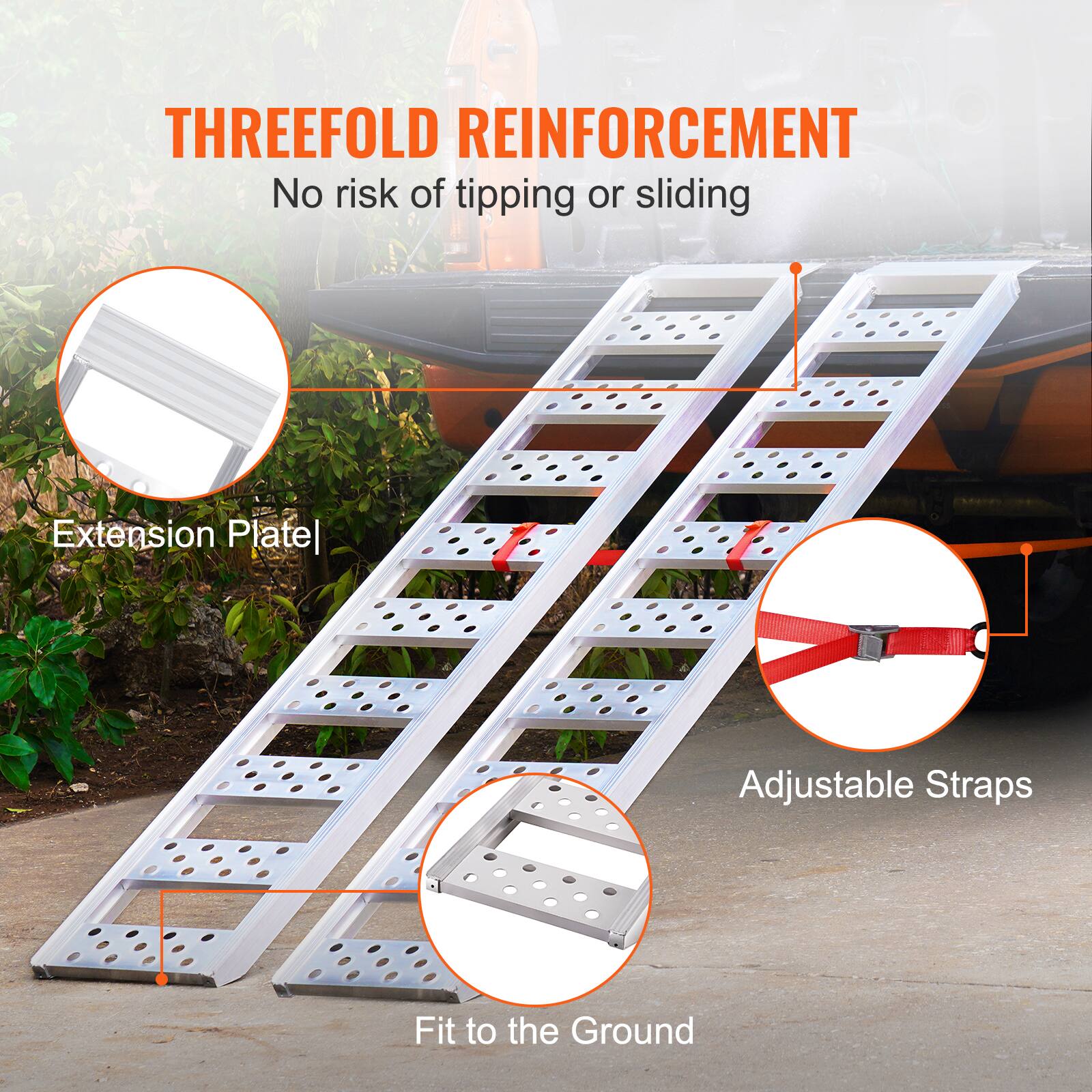 THREEFOLD REINFORCEMENT  
No risk of tipping or sliding  

Extension Plate  
Adjustable Straps  
Fit to the Ground