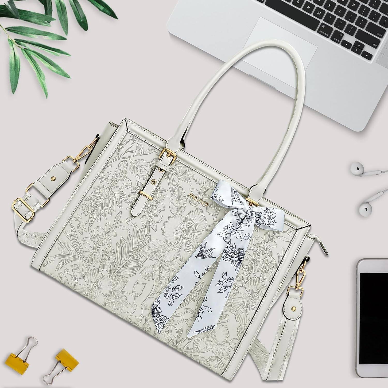 Alt View 3. mosiso - Laptop Bag for Women 15-15.6 inch PU Leather Tote Bag Work Briefcase Computer Bags - Beige.