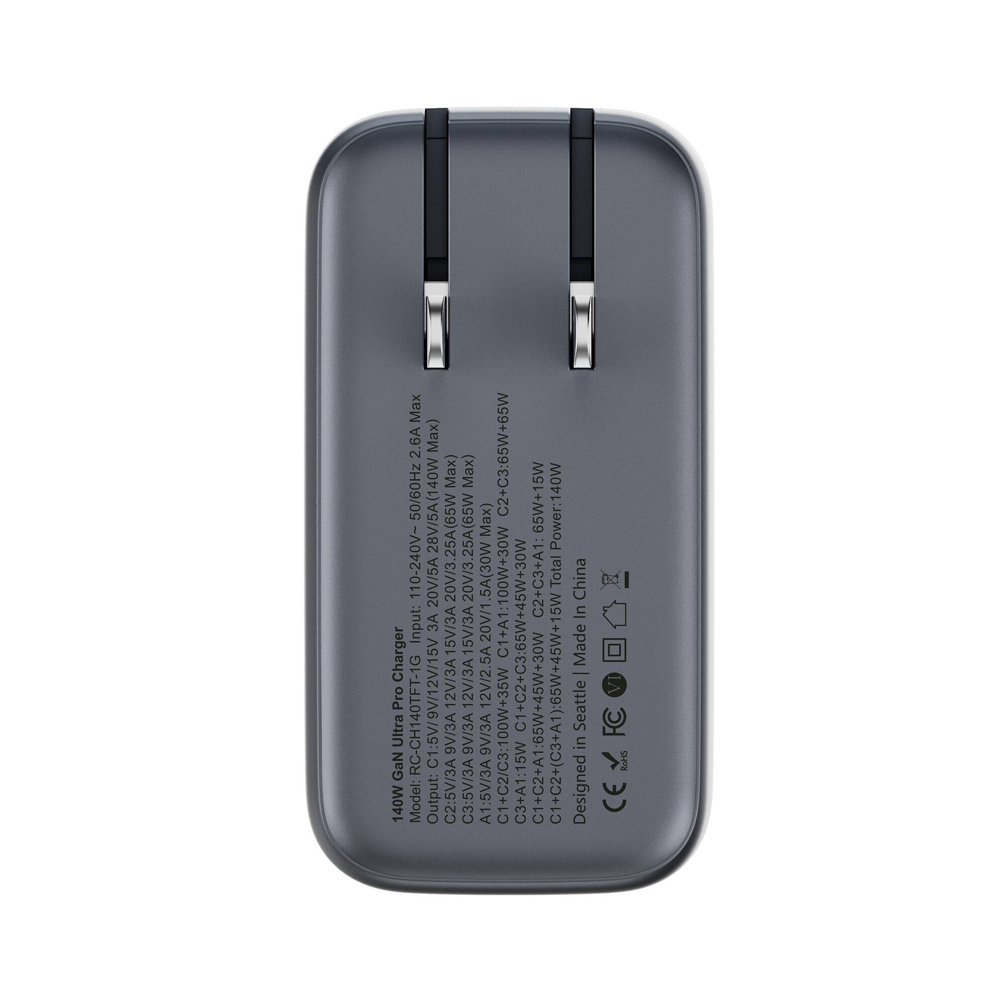 140W GAN Ultra Pro Charger

Input: 100-240V~ 50/60Hz 2.6A Max

Output: 
C1: 5V/3A, 9V/3A, 12V/3A, 15V/3A
C2: 5V/3A, 9V/3A
C3: 5V/3A, 9V/3A
A1: 5V/3A, 9V/3A

C1+C2+C3: 100W+35W
C1+C2+C3+A1: 100W+35W+30W

Total Power: 140W

Model: RC-CH140TFT-1

Designed in Seattle, Made in China

CE, FCC, RoHS