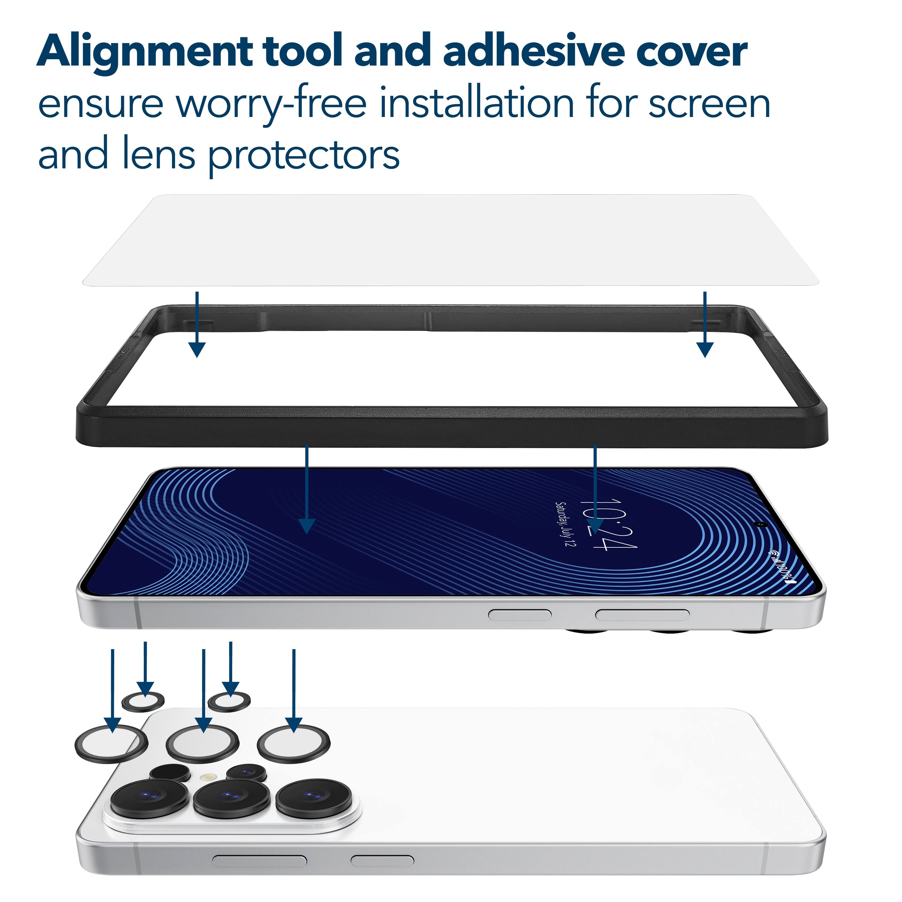 Alignment tool and adhesive cover ensure worry-free installation for screen and lens protectors