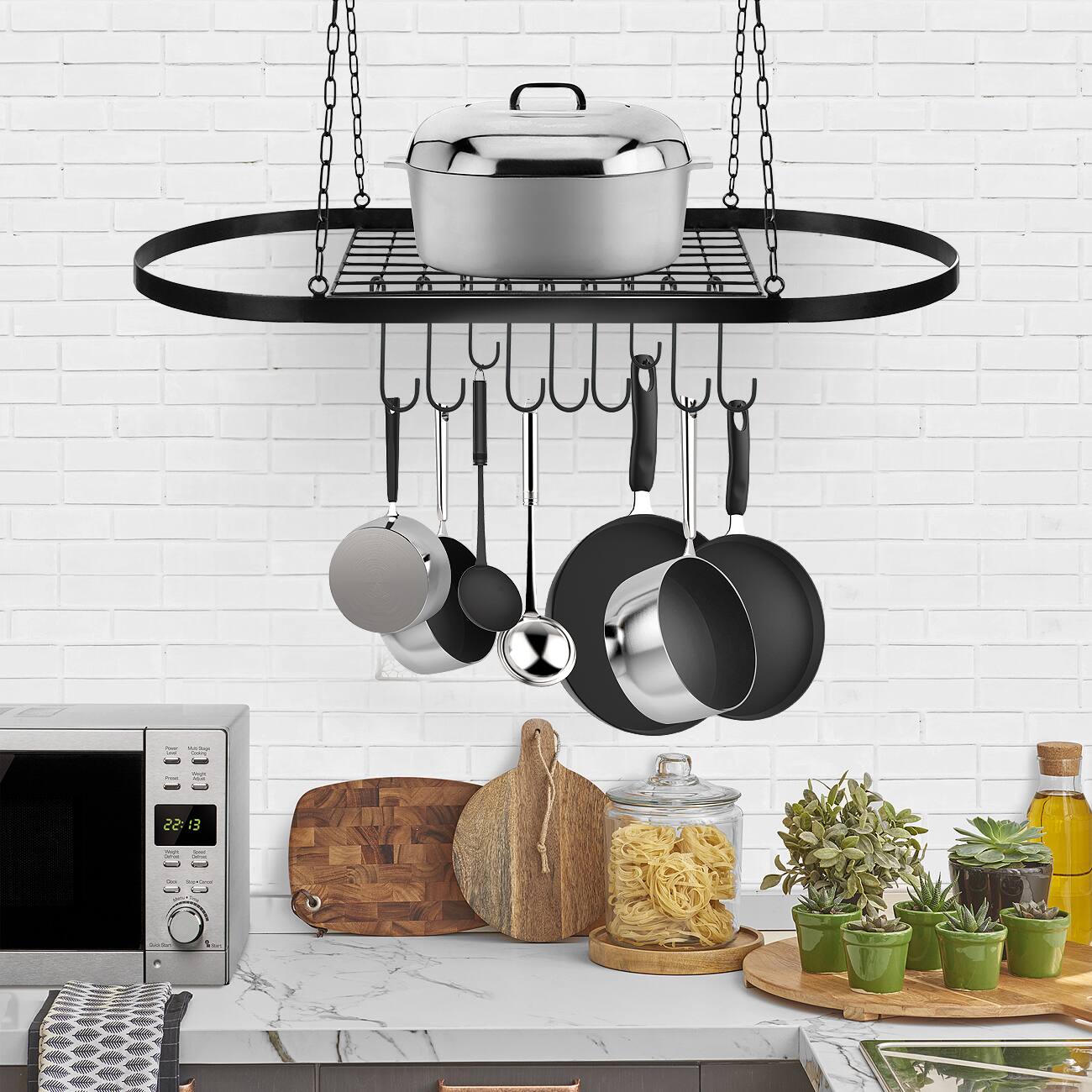 Angle. Sorbus - Sorbus® Pot and Pan Rack for Ceiling with Hooks, Decorative Oval Mounted Storage Rack, Multi-Purpose Organizer for Home - Black.