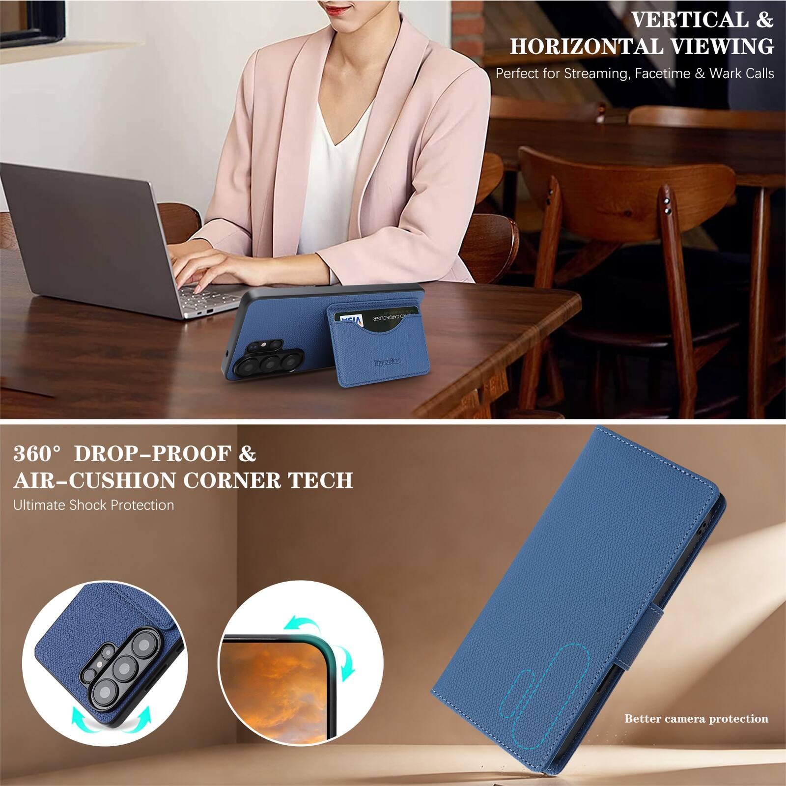 VERTICAL & HORIZONTAL VIEWING  
Perfect for Streaming, Facetime & Work Calls  

360° DROP-PROOF & AIR-CUSHION CORNER TECH  
Ultimate Shock Protection  

Better camera protection