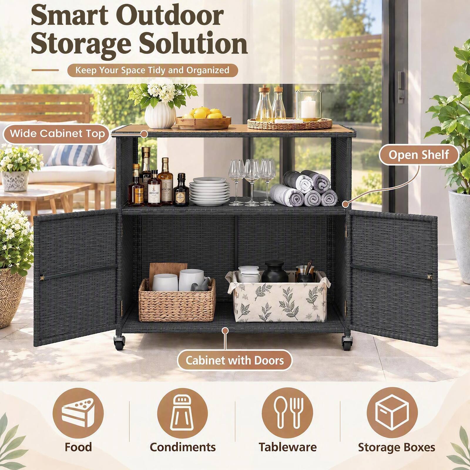 Smart Outdoor Storage Solution  
Keep Your Space Tidy and Organized

- Wide Cabinet Top
- Open Shelf
- Cabinet with Doors

Icons:
- Food
- Condiments
- Tableware
- Storage Boxes