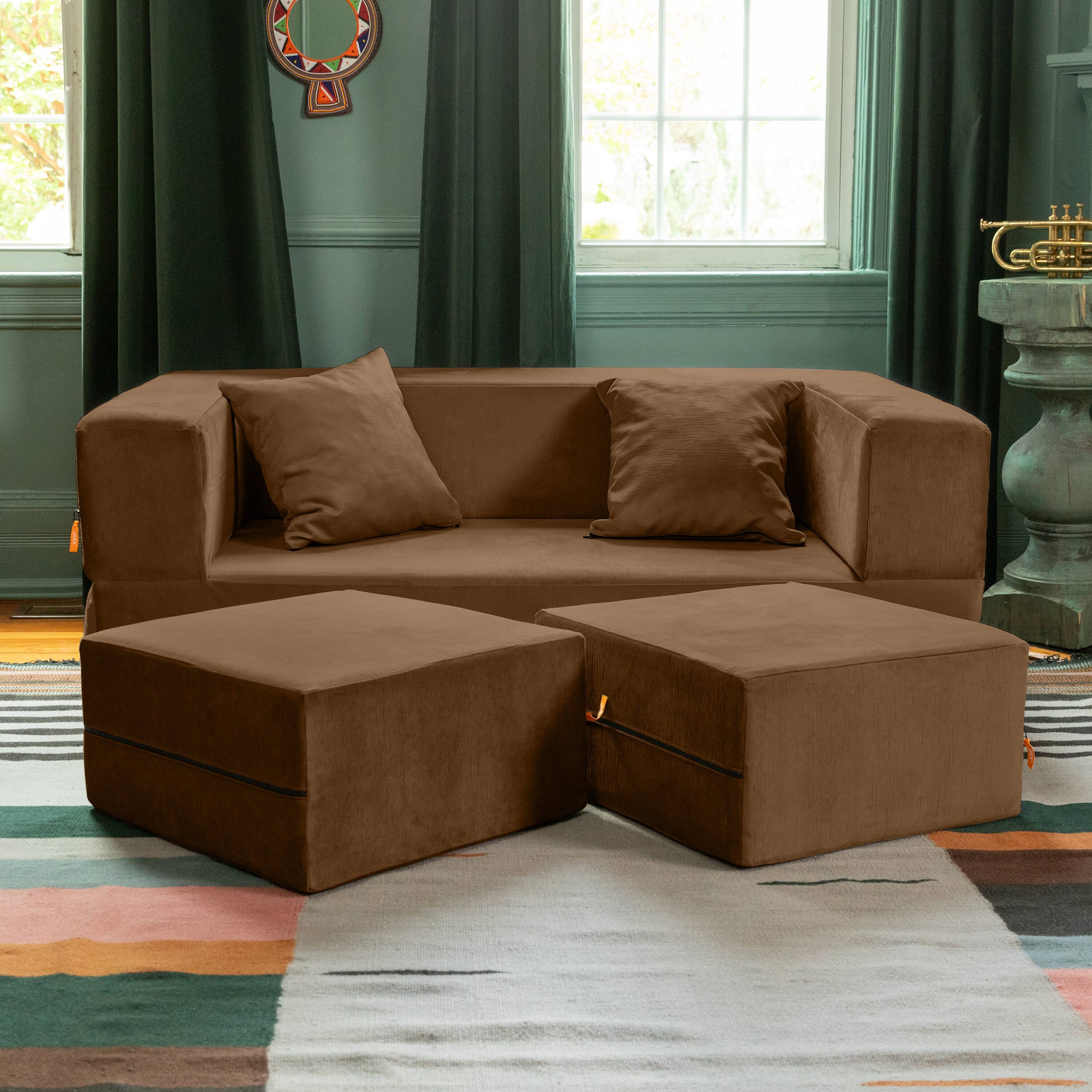 Alt View 1. Jaxx - Jaxx Zipline Convertible Sleeper Loveseat & Ottomans, Textured Microvelvet - Toffee - Toffee.