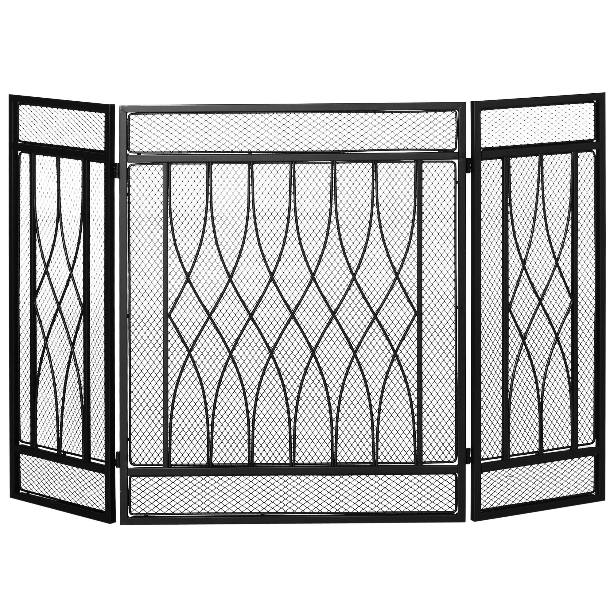 Front. Homcom - 3-Panel Folding Fireplace Screen, Metal Mesh Fire Spark Guard for Wood Burning, 49.5" x 31.5", Black - Black.