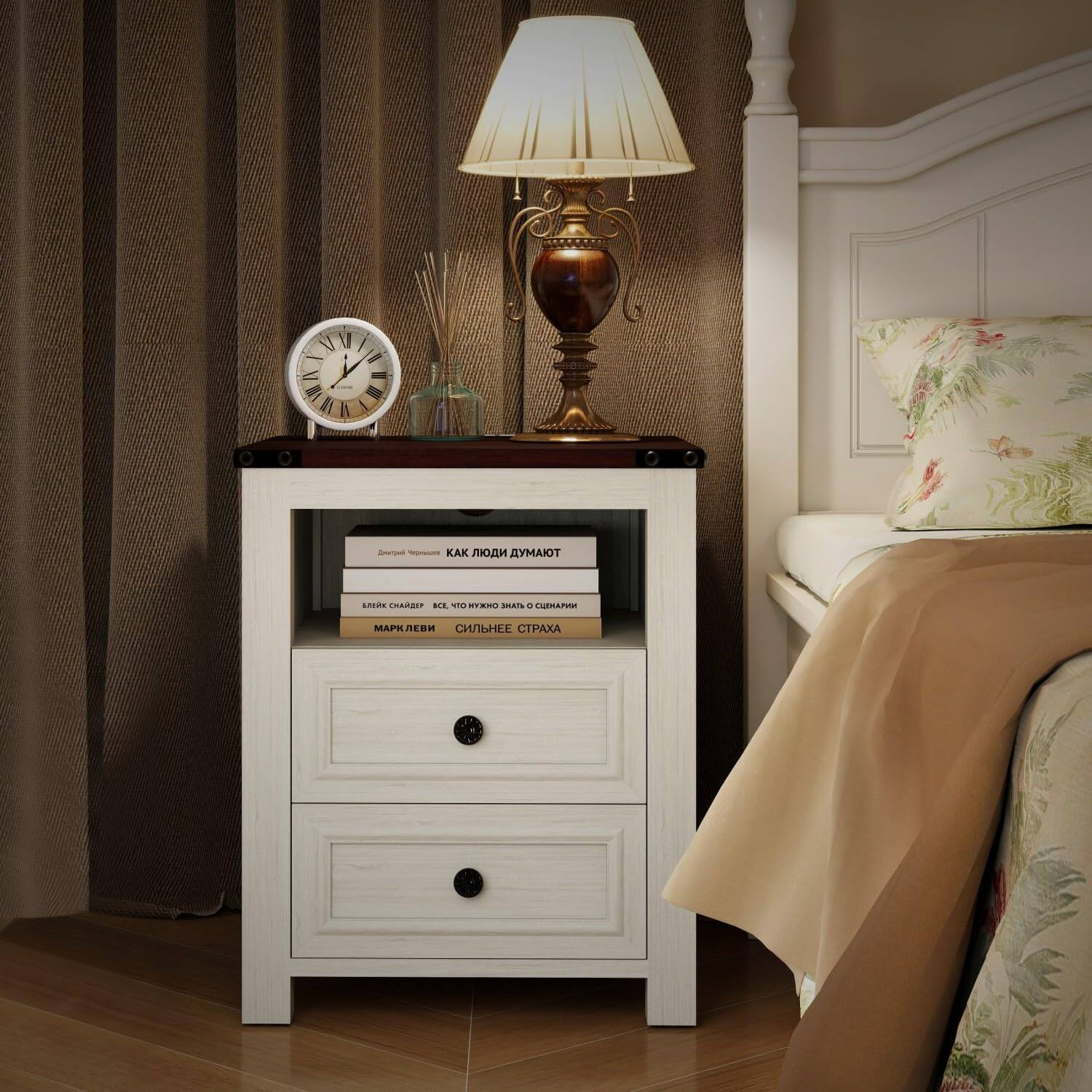 Alt View 4. Vipbear - 18" Wooden Nightstand with Charging Station, 2 Drawers and 2 Open Shelves for Bedroom - White.