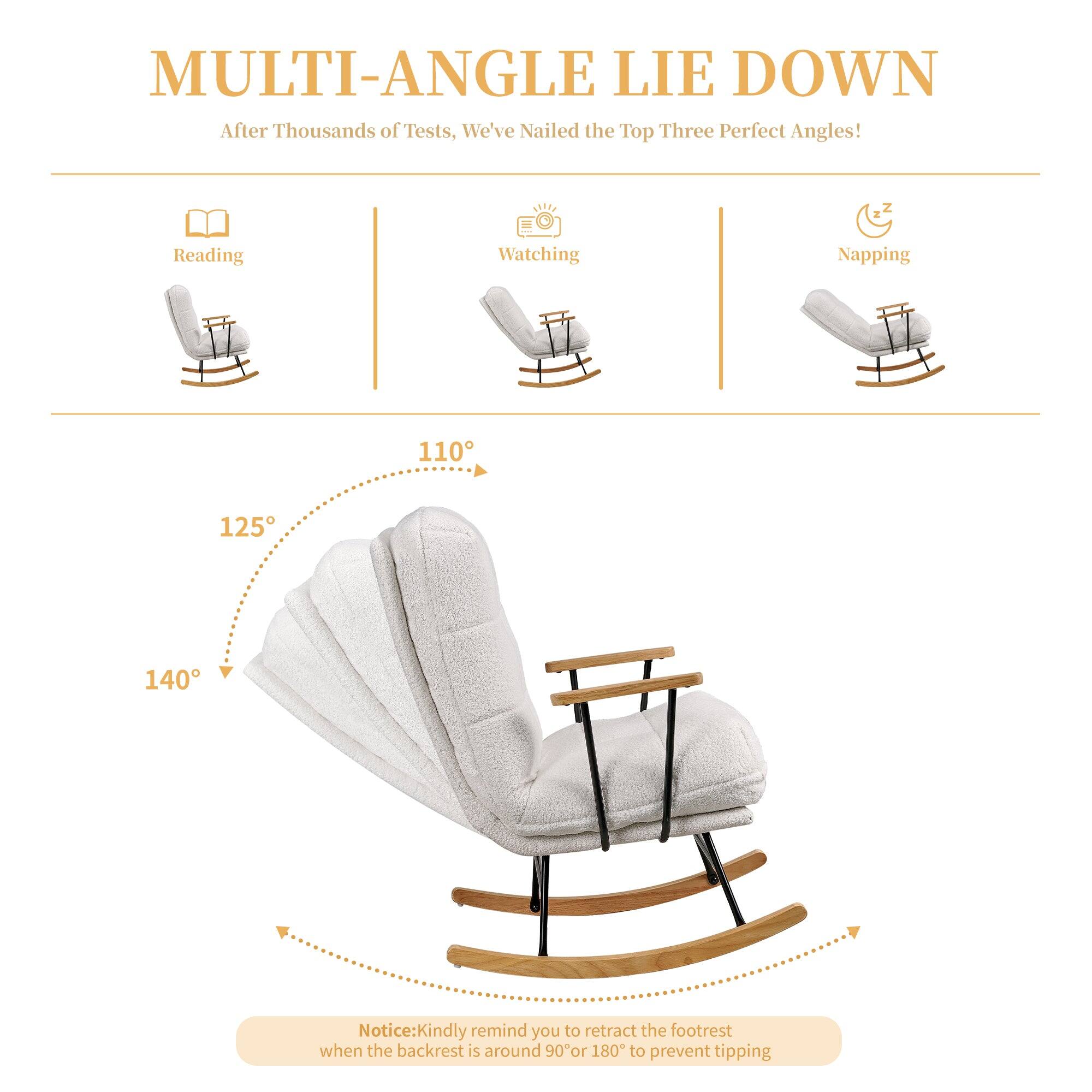 **MULTI-ANGLE LIE DOWN**

After Thousands of Tests, We've Nailed the Top Three Perfect Angles!

- Reading
- Watching
- Napping

110°  
125°  
140°

Notice: Kindly remind you to retract the footrest when the backrest is around 90° or 180° to prevent tipping.