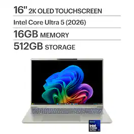Acer - Swift Go 16 AI - Copilot+ PC - 16" OLED WQXGA Touch Laptop - Intel Core Ultra 5 322 2026 - 16GB Memory – 512GB Storage - Vapor Silver
