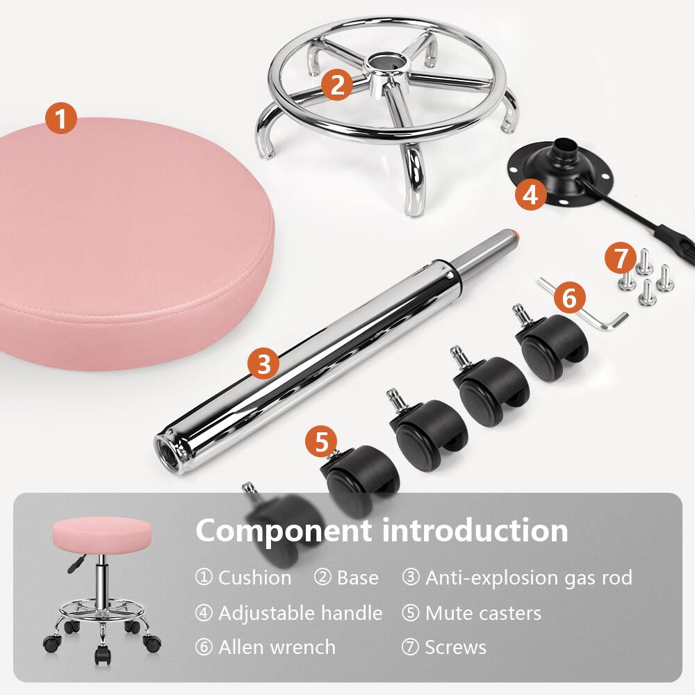 1. Cushion  
2. Base  
3. Anti-explosion gas rod  
4. Adjustable handle  
5. Mute casters  
6. Allen wrench  
7. Screws  

Component introduction  
1. Cushion  
2. Base  
3. Anti-explosion gas rod  
4. Adjustable handle  
5. Mute casters  
6. Allen wrench  
7. Screws